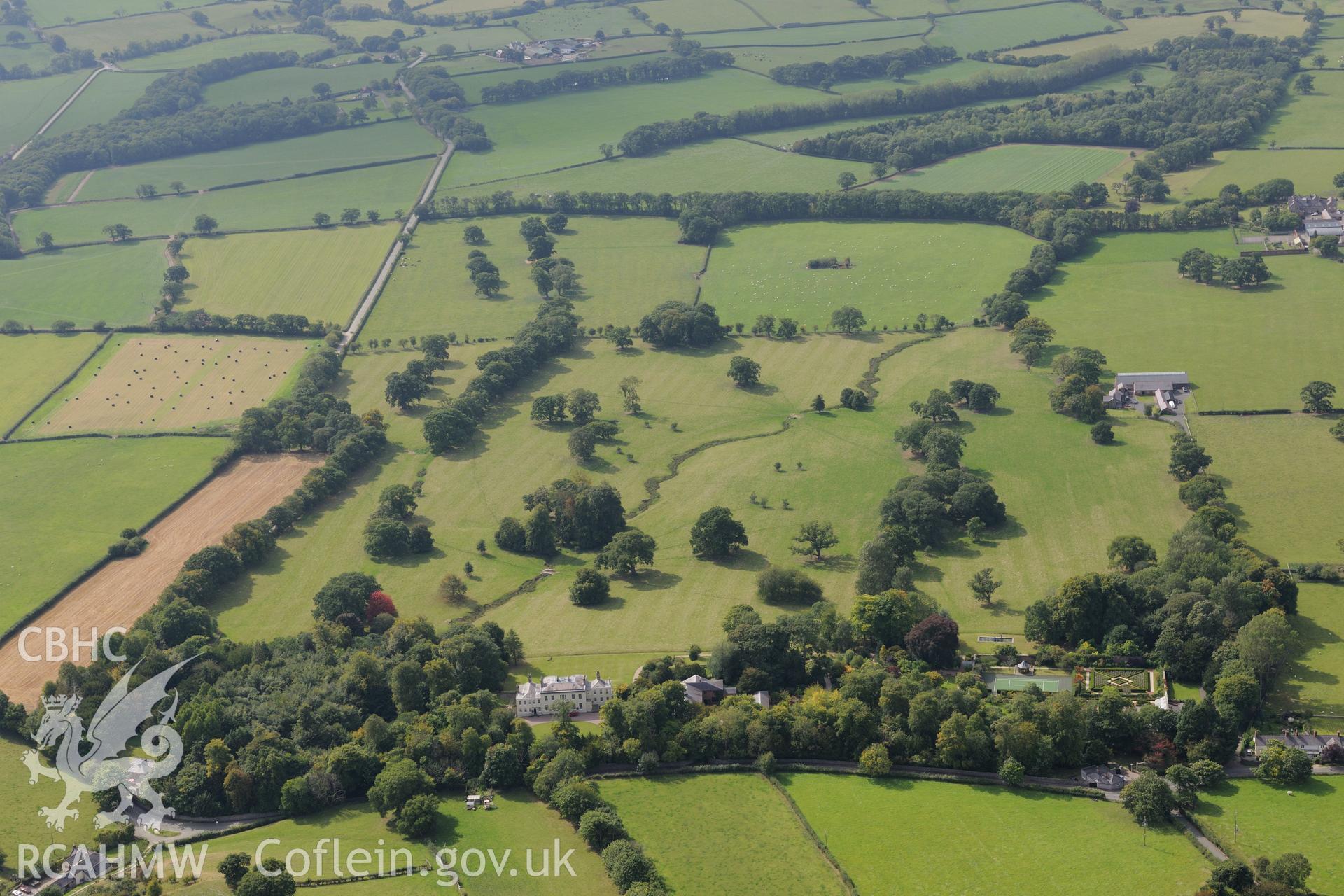 Brynbella mansion and garden, Tremeirchion. Oblique aerial photograph taken during the Royal Commission's programme of archaeological aerial reconnaissance by Toby Driver on 11th September 2015.