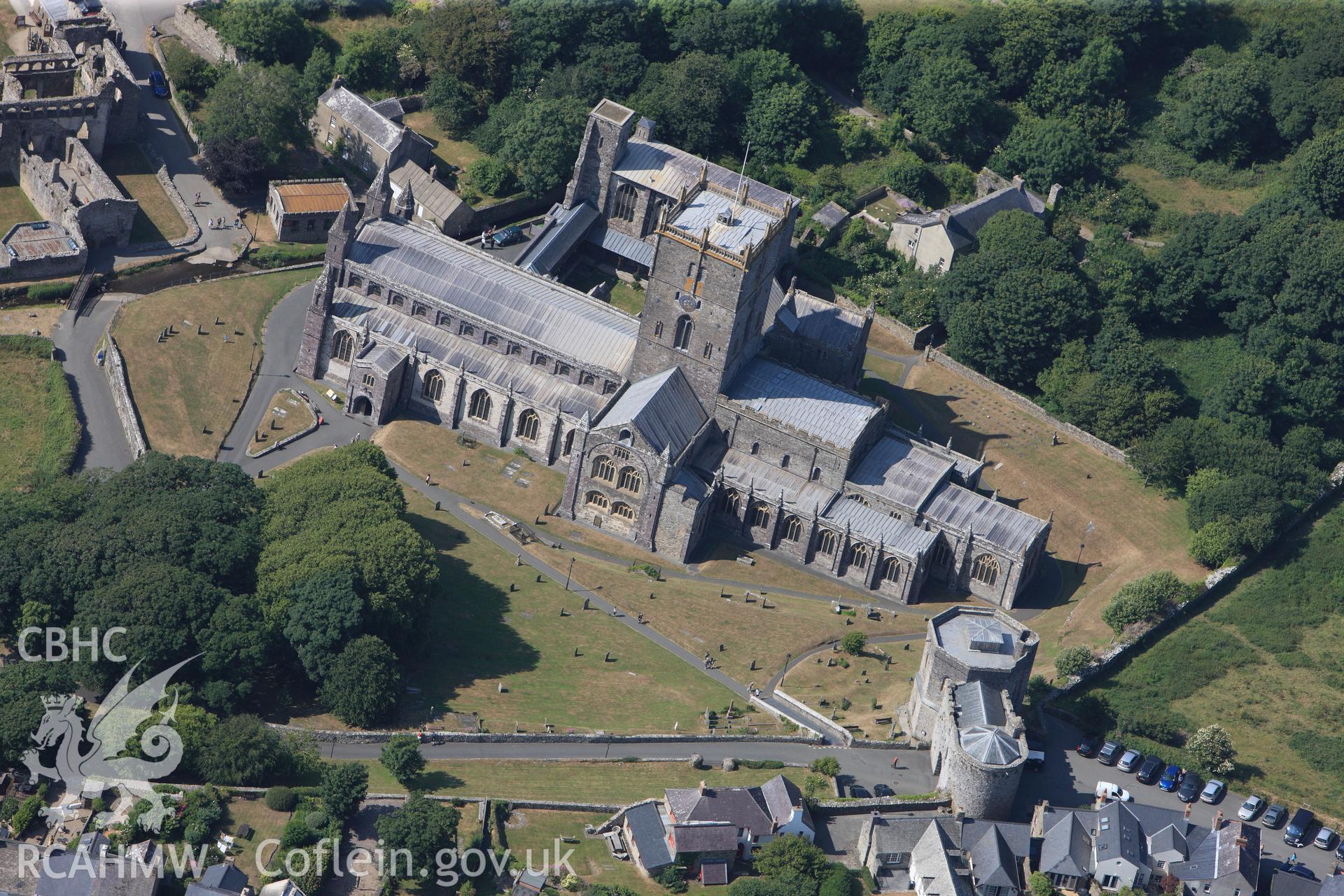 St Davids Cathedral and St Davids Close, Porth y Twr (gatehouse). Oblique aerial photograph taken during the Royal Commission?s programme of archaeological aerial reconnaissance by Toby Driver on 16th July 2013.