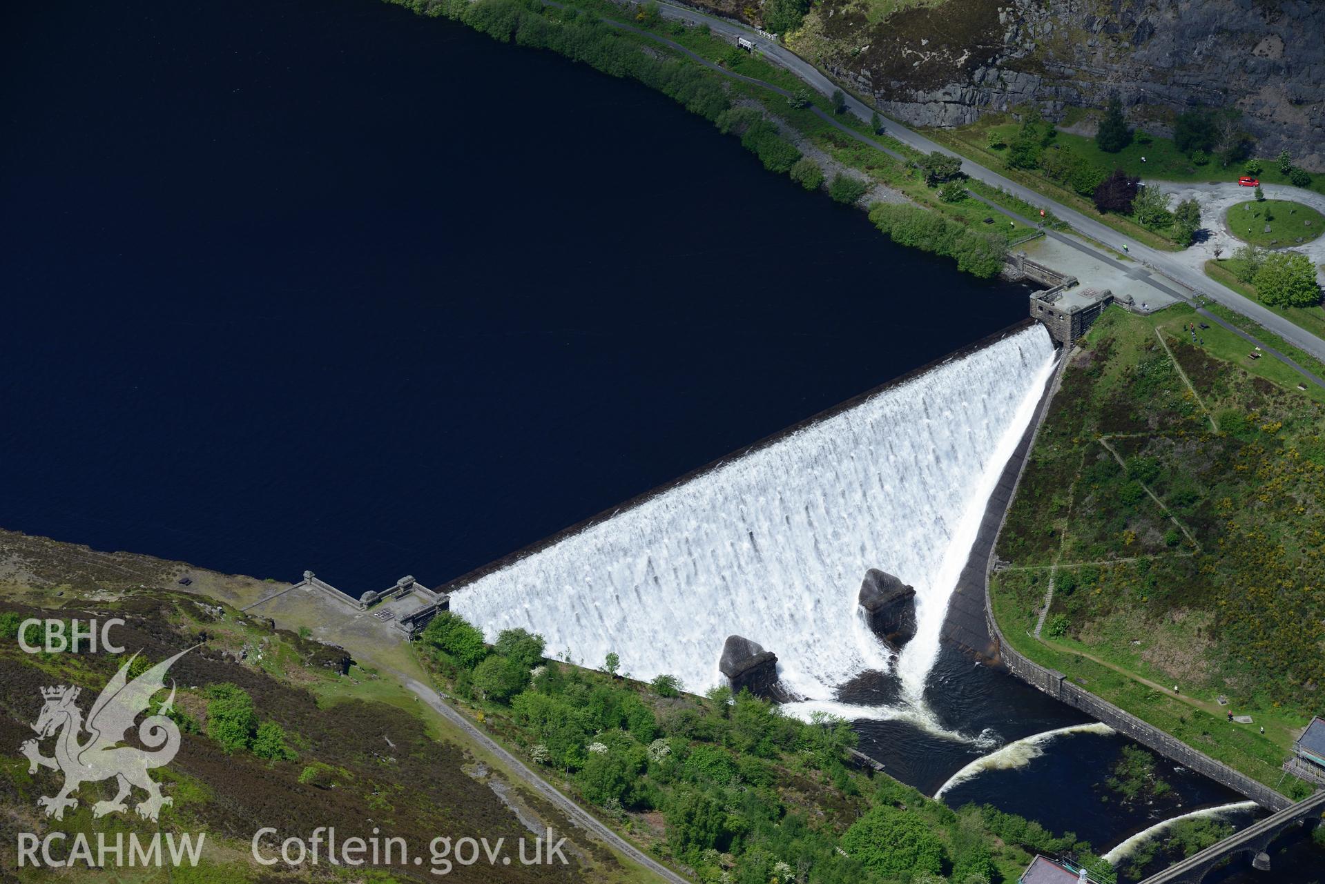 Caban Coch Dam and Reservoir, Elan Valley Water Scheme. Oblique aerial photograph taken during the Royal Commission's programme of archaeological aerial reconnaissance by Toby Driver on 3rd June 2015.