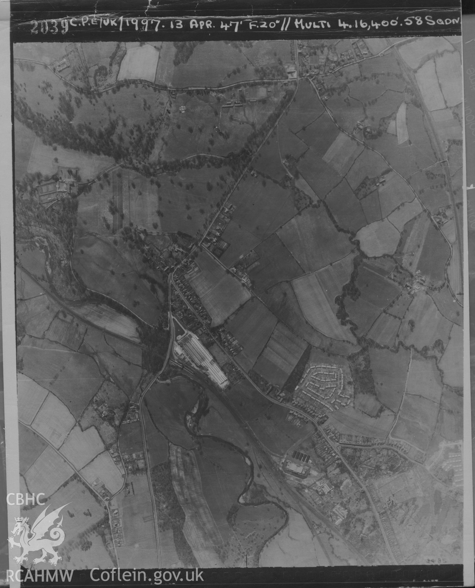 Aerial photograph of Cwmbran, taken on 13th April 1947. Included as part of Archaeology Wales' desk based assessment of former Llantarnam Community Primary School, Croeswen, Oakfield, Cwmbran, conducted in 2017.