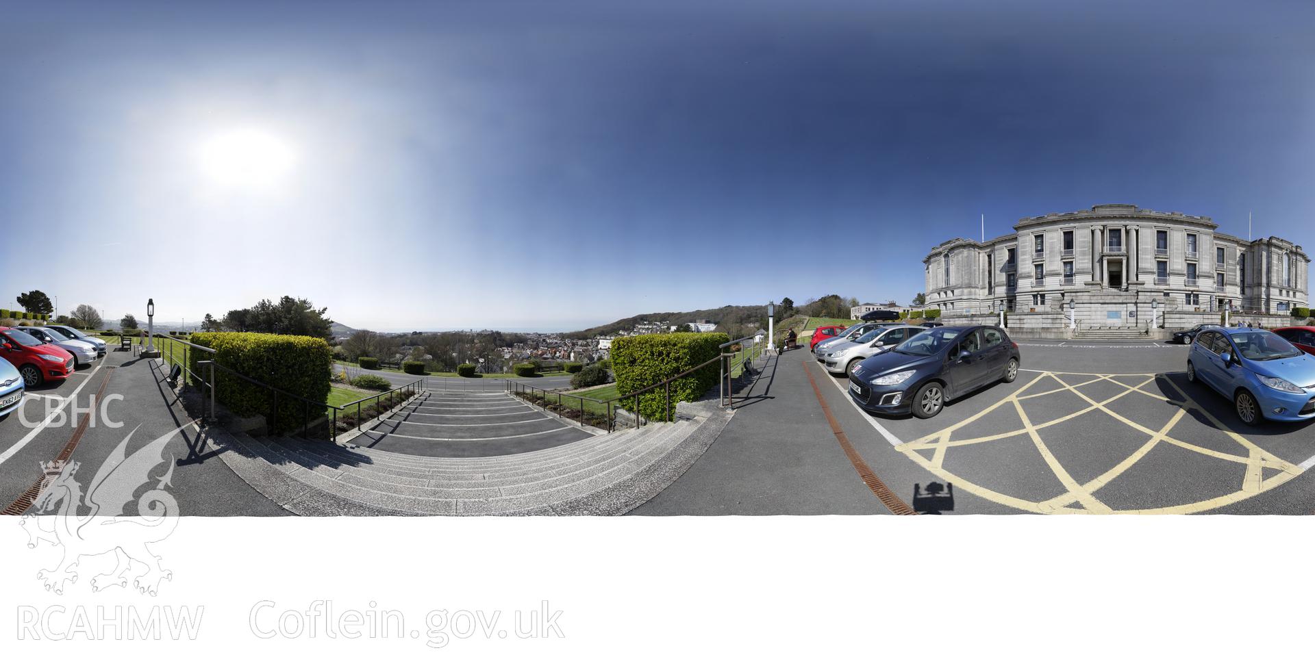 Reduced resolution Tiff of stitched images from in front of the National Library of Wales, Aberystwyth produced by Susan Fielding and Rita Singer, 2018. Produced through European Travellers to Wales project.