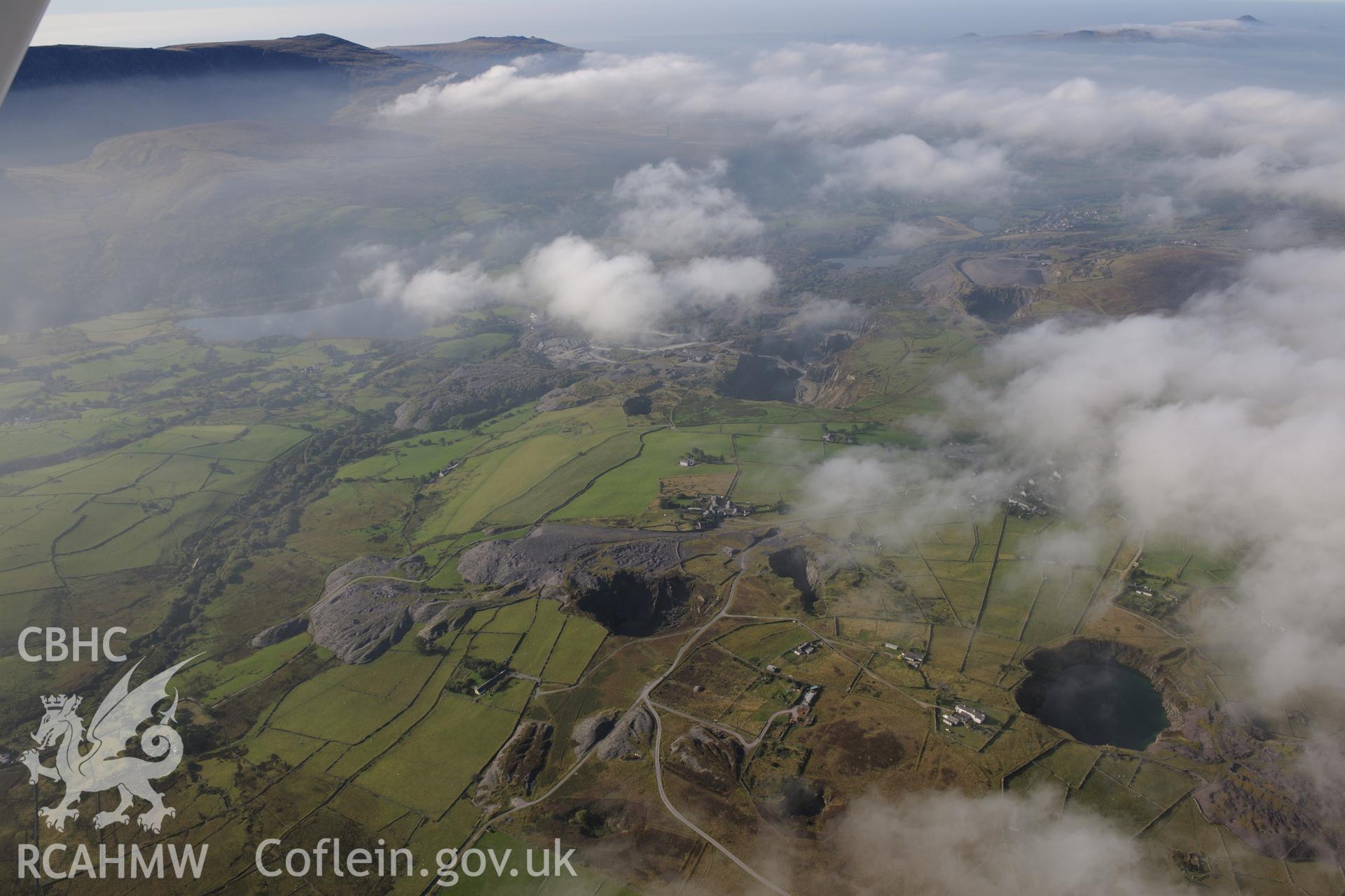 Braich Rhyd slate quarry and Fron slate quarry, north of Nantlle. Oblique aerial photograph taken during the Royal Commission's programme of archaeological aerial reconnaissance by Toby Driver on 2nd October 2015.