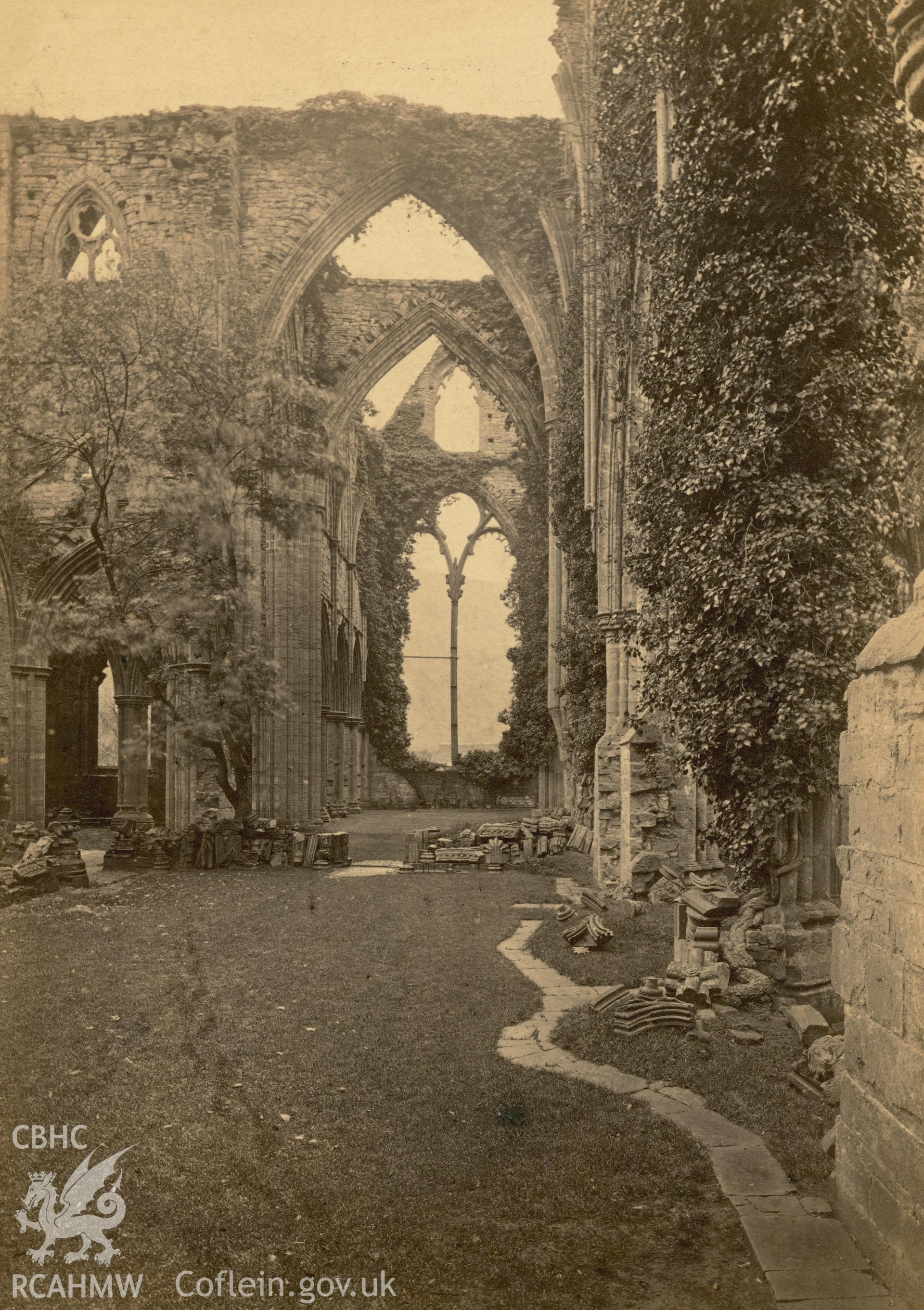 Digital copy of a circa 1895 albumen print showing an interior view of Tintern Abbey, looking east.