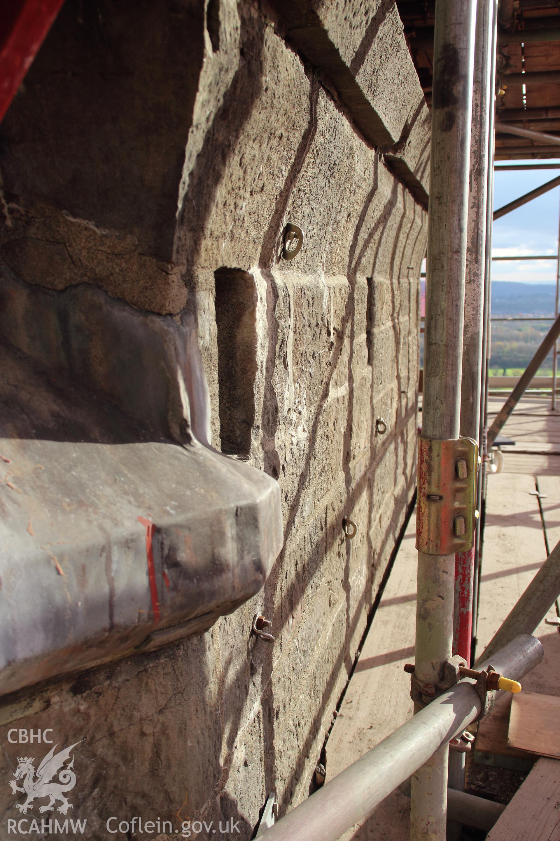 Detailed view of tower wall during renovation, taken 3/4/2019. From "Castell Coch, Tongwynlais, Cardiff. Archaeological Building Investigation and Recording & Watching Brief" by Richard Scott Jones, Heritage Recording Services Wales. Report No 202.