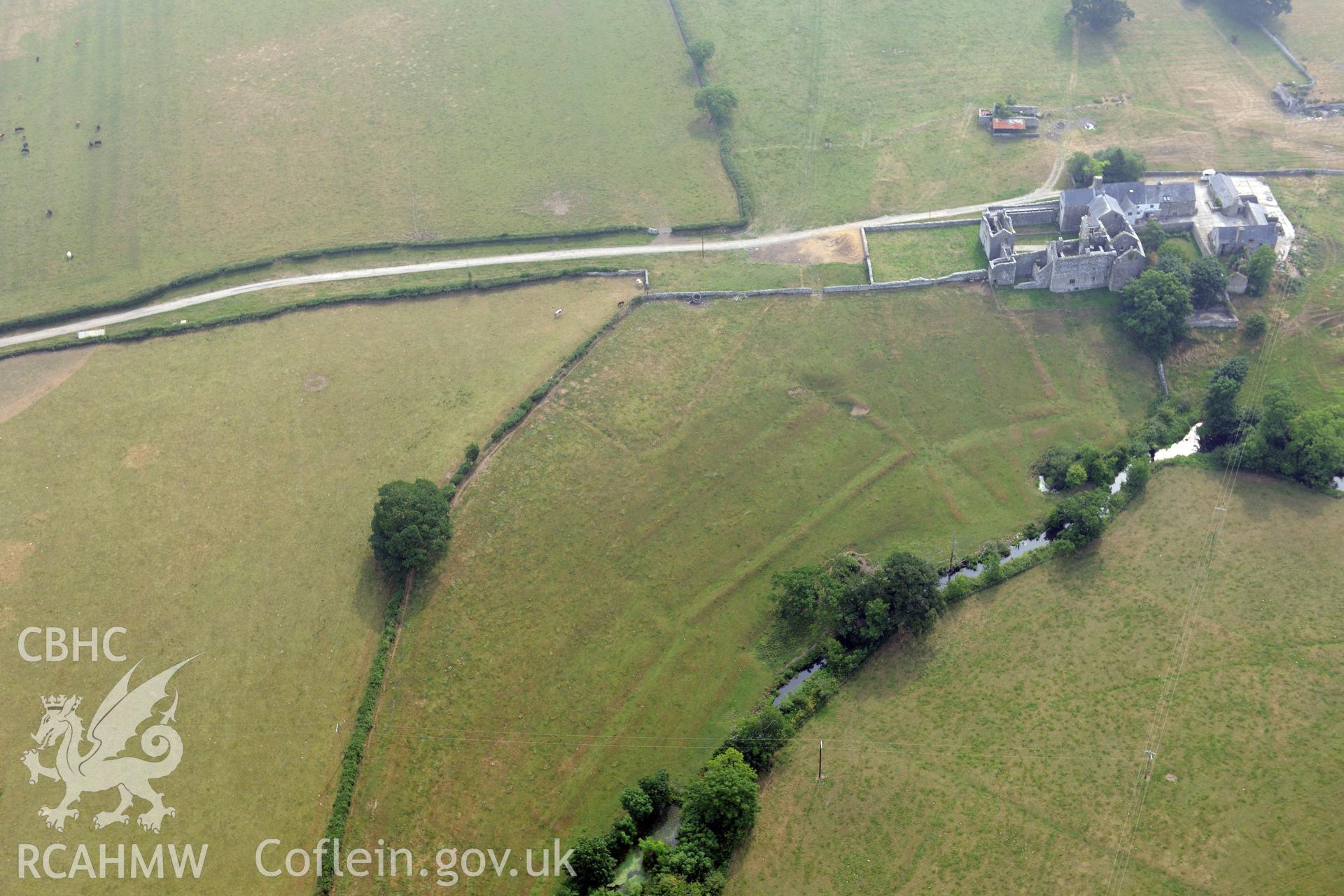 Royal Commission aerial photography of Beaupre Castle recorded during drought conditions on 22nd July 2013.