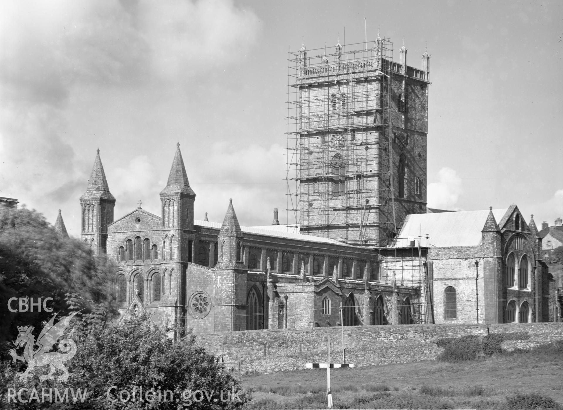 Digital copy of a black and white nitrate negative showing general view of St. David's Cathedral, taken by E.W. Lovegrove, July 1936.