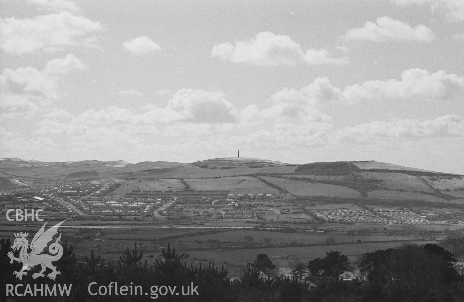 Digital copy of a black and white negative showing Pendinas and Penparcau under a thin layer of snow, from the University College Wales site on Penglais. Photographed by Arthur O. Chater in April 1968. (Looking south west from Grid Reference SN 598 619).