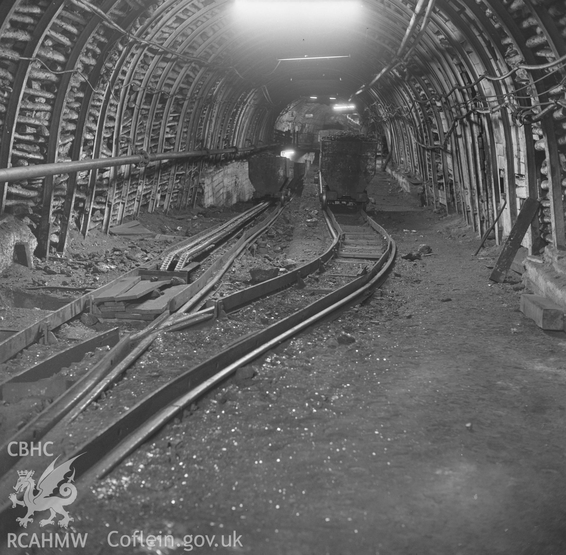 Digital copy of an acetate negative showing bottom of downcast shaft at Ocean Deep Navigation Colliery, from the John Cornwell Collection.