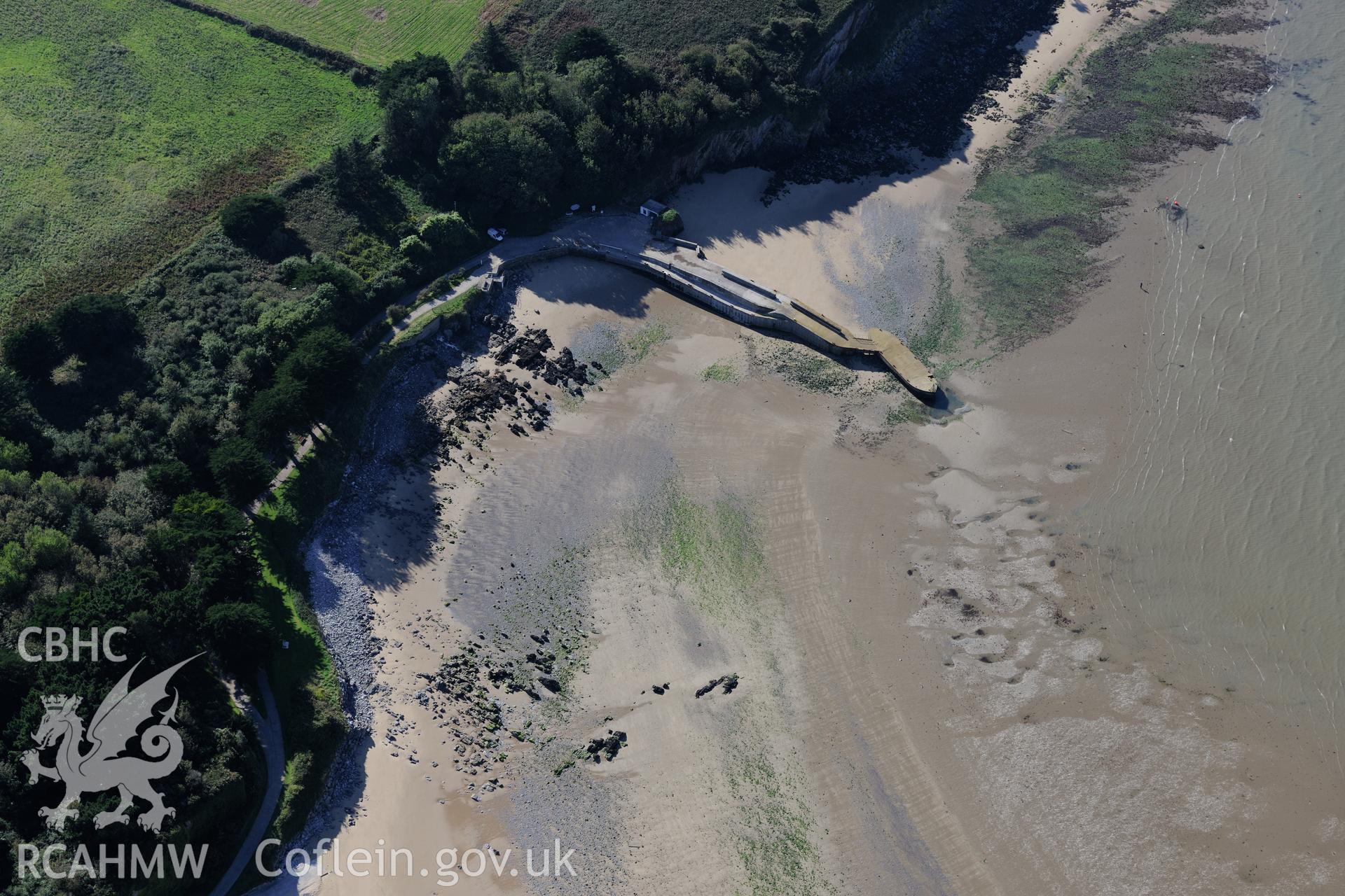 Jetty and landing place at Priory Bay, on the northern coast of Caldey Island. Oblique aerial photograph taken during the Royal Commission's programme of archaeological aerial reconnaissance by Toby Driver on 30th September 2015.