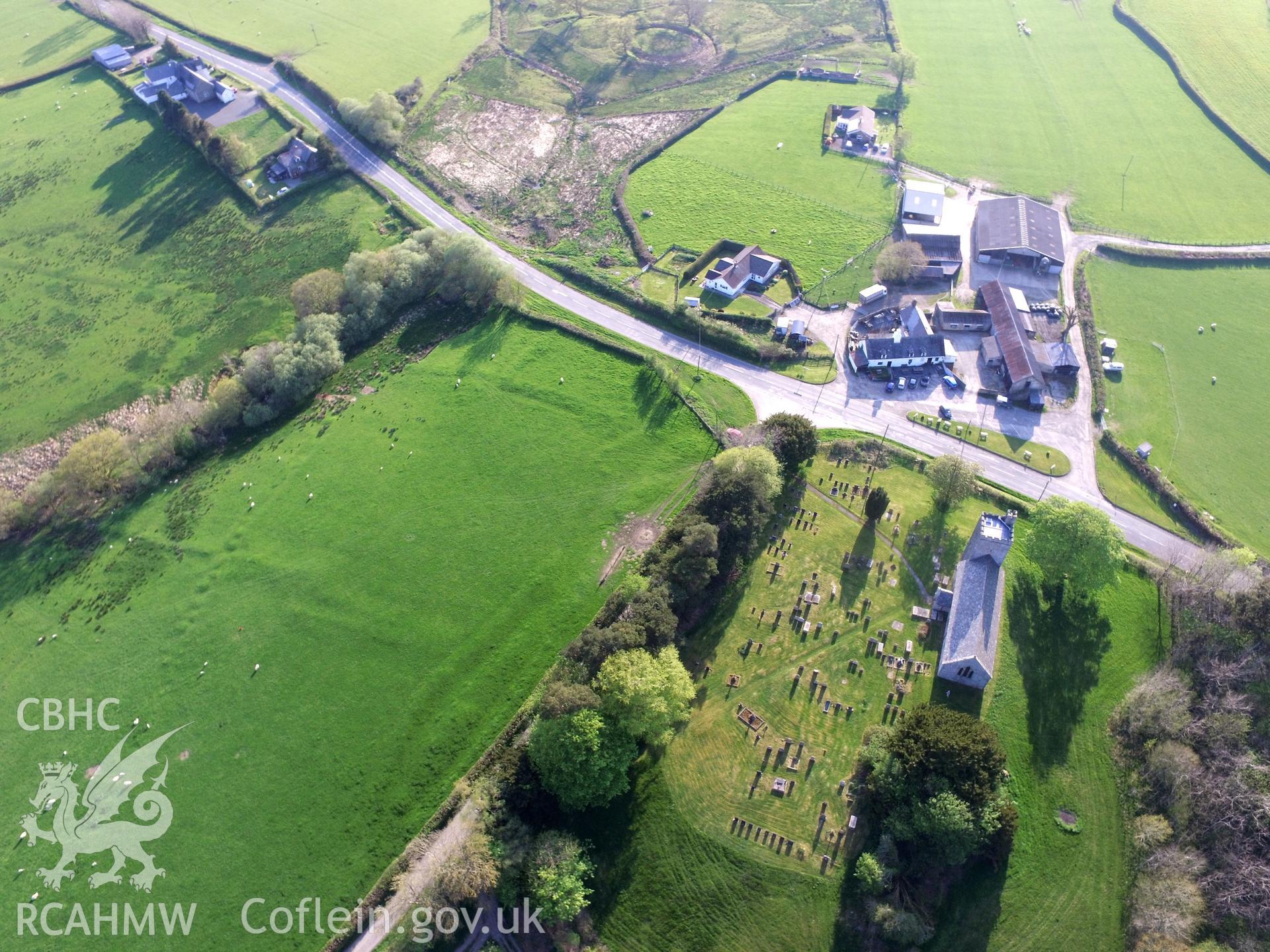 Colour photo showing an aerial view of the village of Llanafanfawr, taken by Paul R. Davis, 7th May 2018.