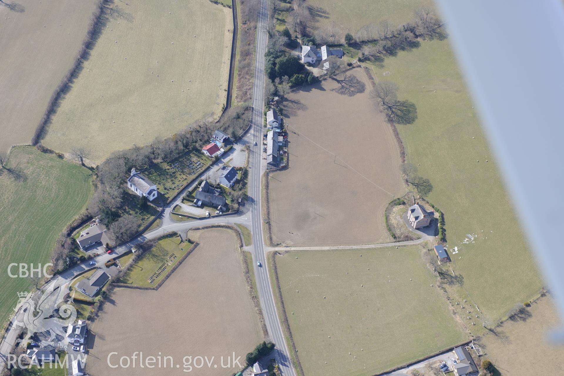 The village of Capel Bangor, east of Aberystwyth, with its church dedicated to St. David's. Oblique aerial photograph taken during the Royal Commission's programme of archaeological aerial reconnaissance by Toby Driver on 2nd April 2013.