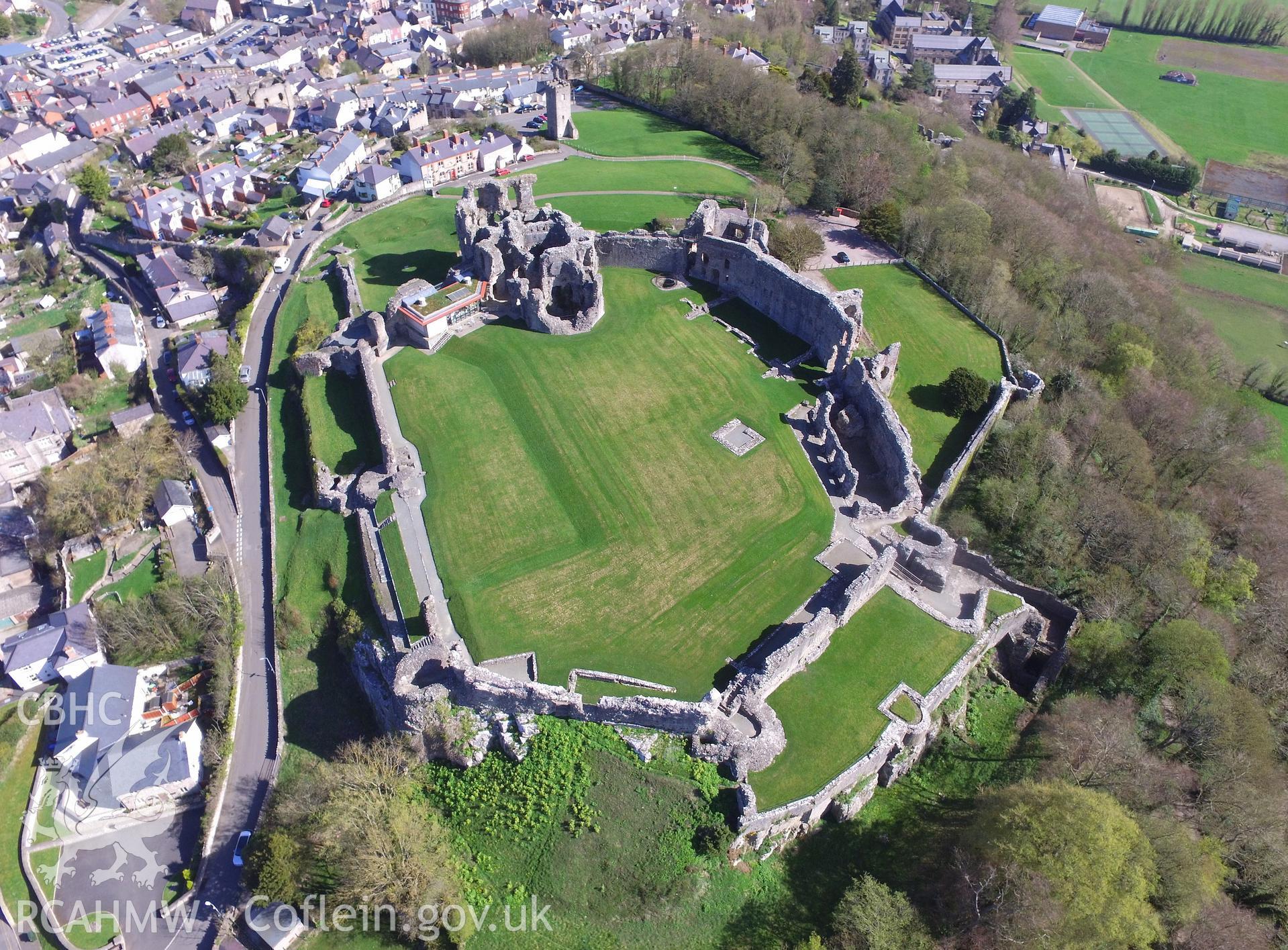 Colour photo showing aerial view of Denbigh Castle, taken by Paul R. Davis, 20th April 2018.