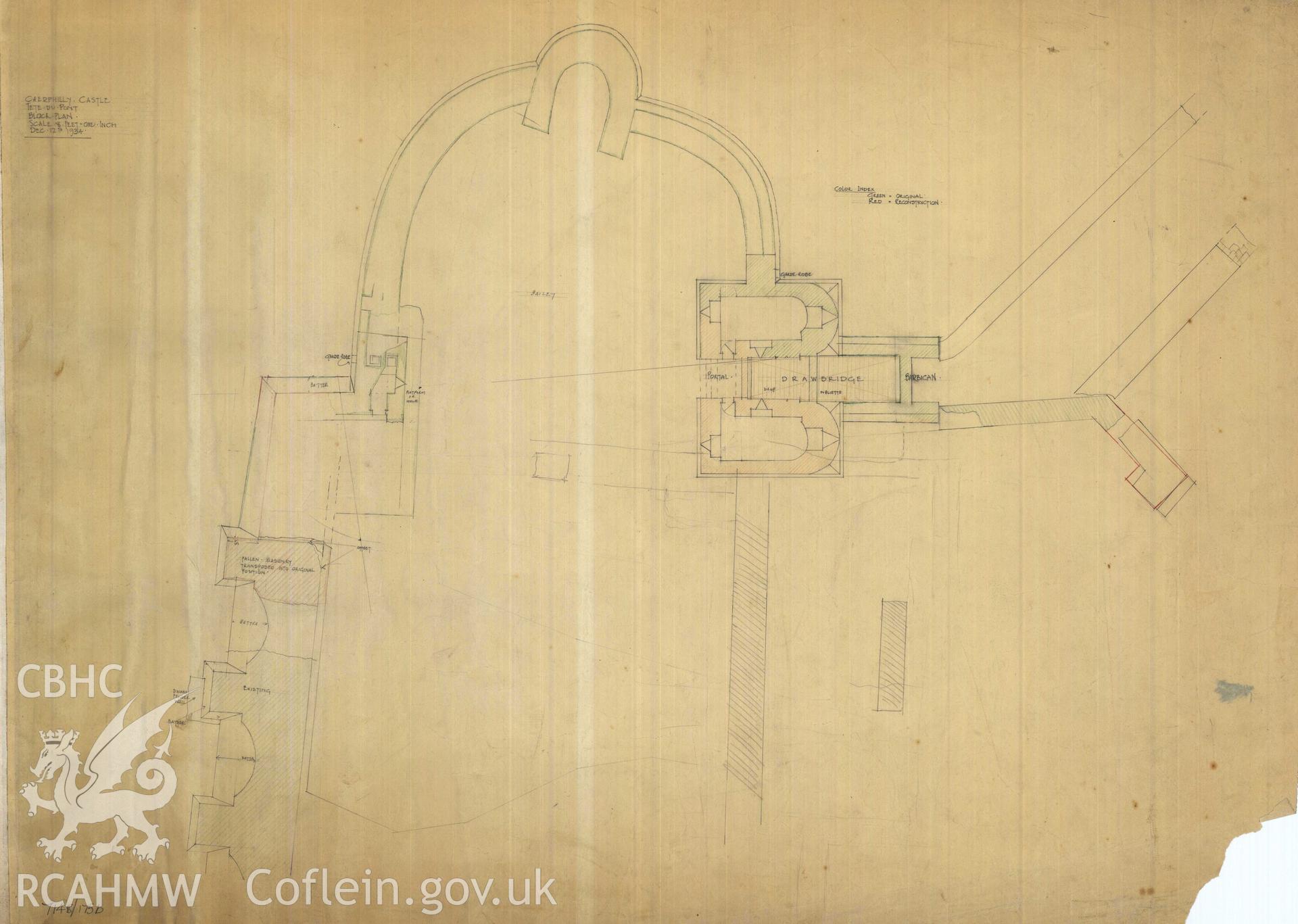 Cadw guardianship monument drawing of Caerphilly Castle. Dam, S part, general plan (i). Cadw Ref. No:714B/175b. Scale 1:96.