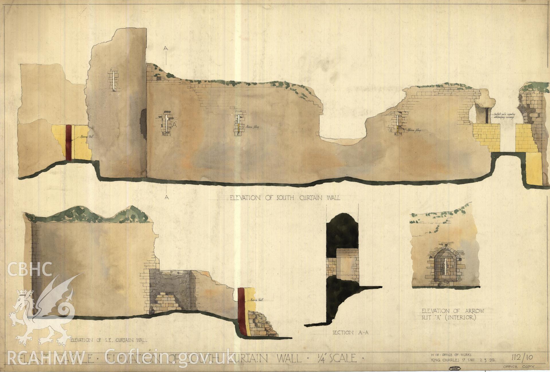 Cadw guardianship monument drawing of Flint Castle. S curtain, elev+section (tinted). Cadw Ref. No:112/10. Scale 1:48.