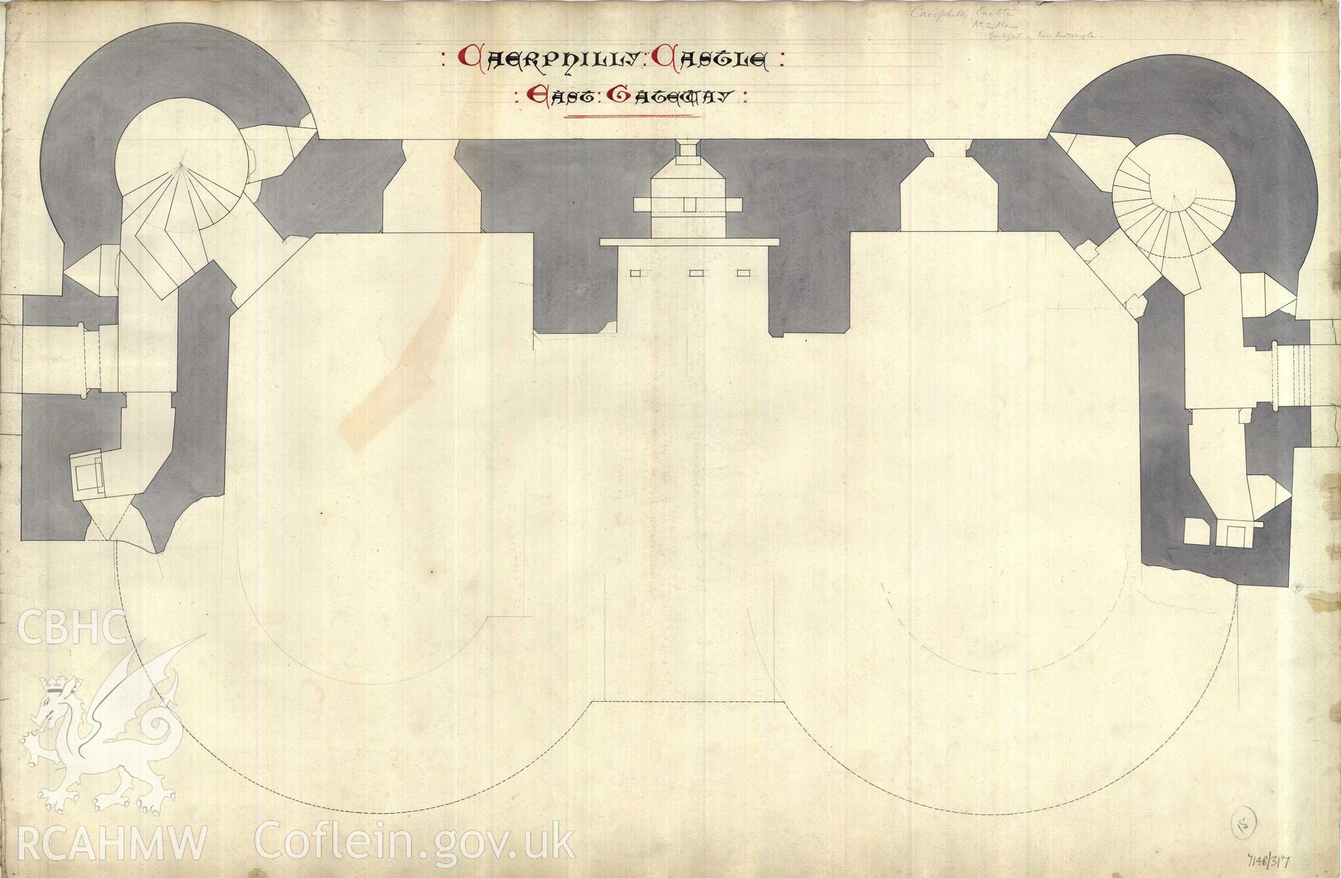 Cadw guardianship monument drawing of Caerphilly Castle. Inner ward Inner E gate up floor plan. Cadw Ref. No:714B/317. Scale 1:24.