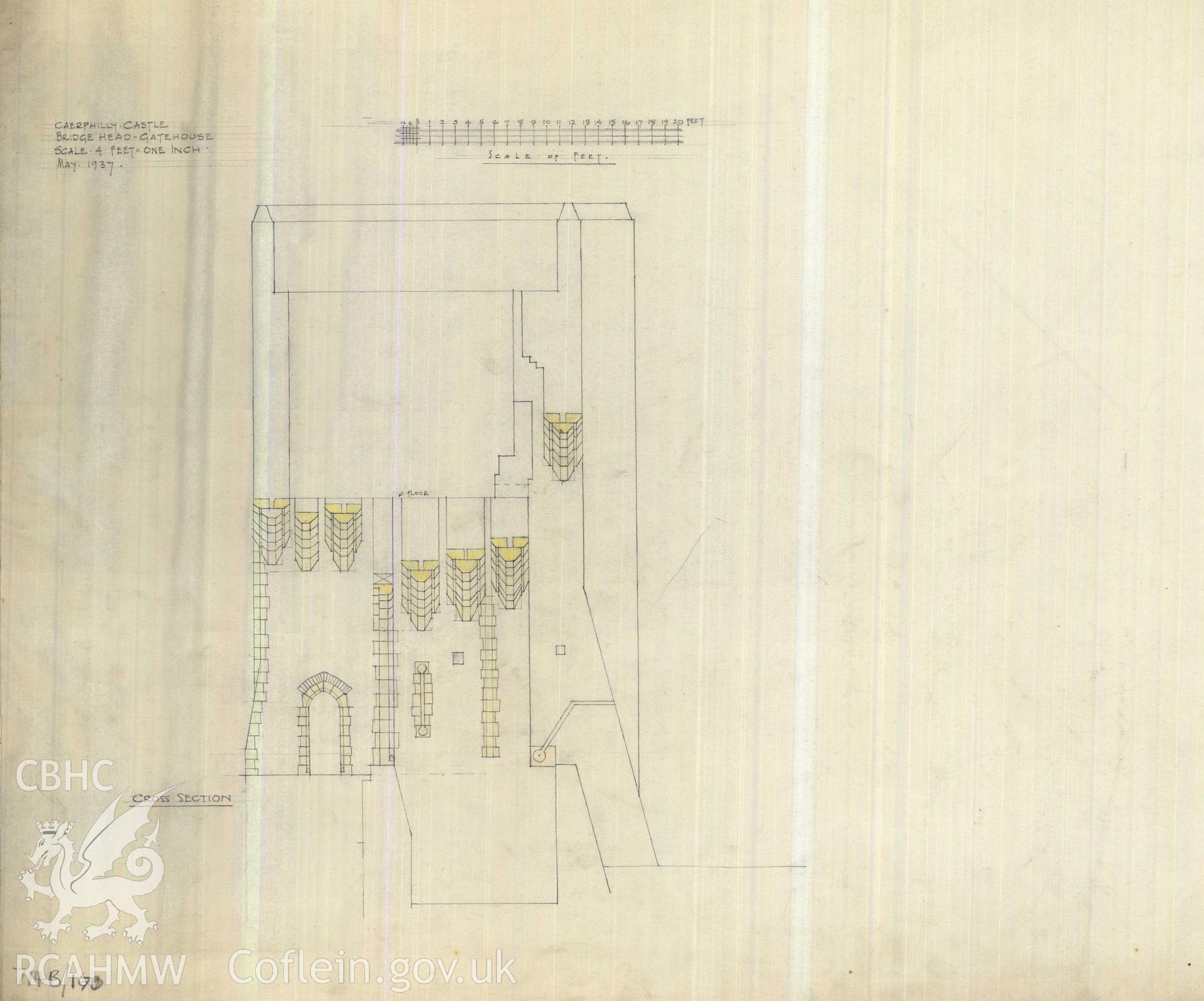Cadw guardianship monument drawing of Caerphilly Castle. Dam, S gate, section, recons (ii). Cadw Ref. No:714B/170. Scale 1:48.