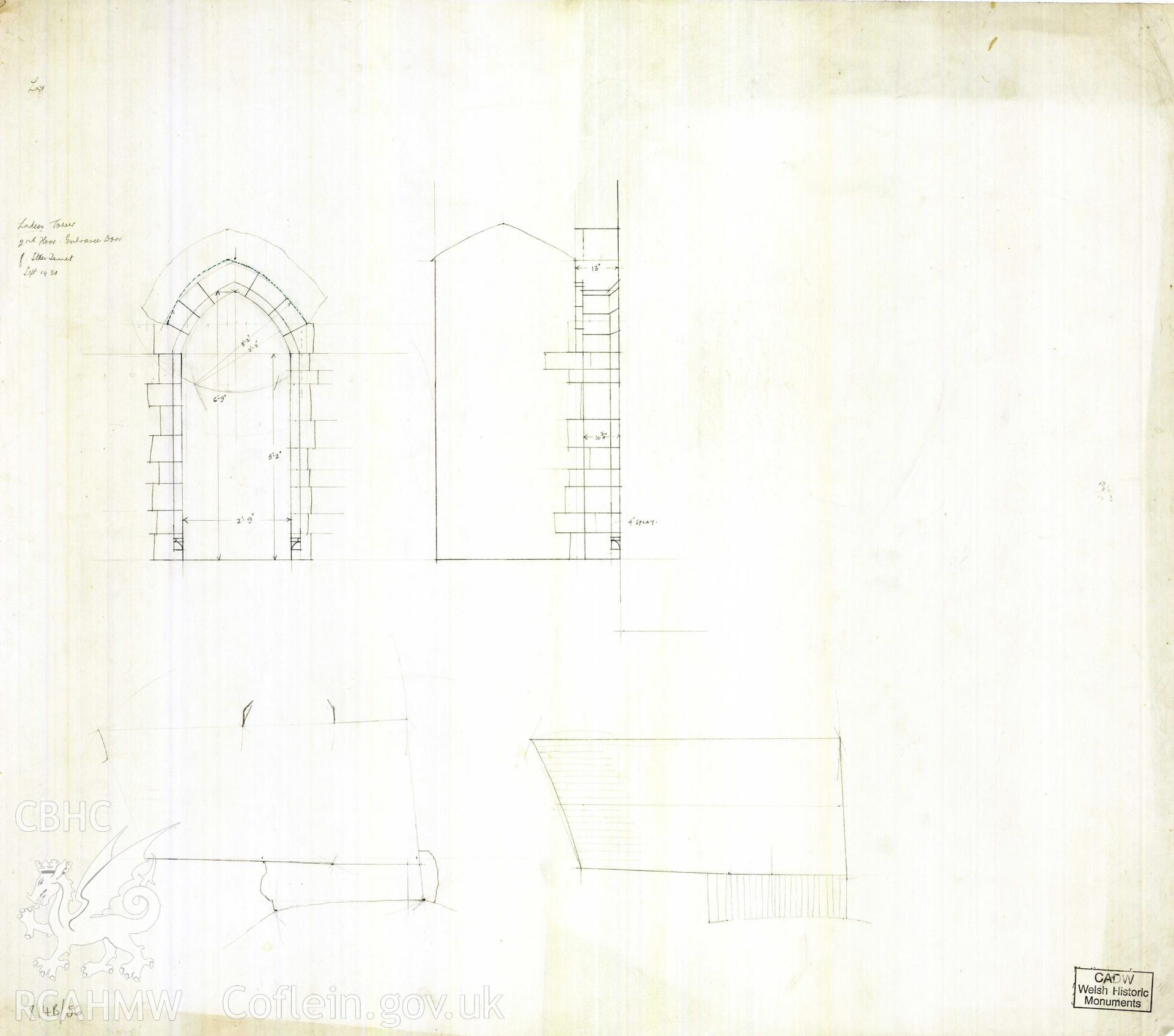 Digital copy of Cadw guardianship monument drawing of Caerphilly Castle. NW tower, top floor, stair door. Cadw ref. no: 714B/56. Scale 1:[12].  Original drawing withdrawn and returned to Cadw at their request.