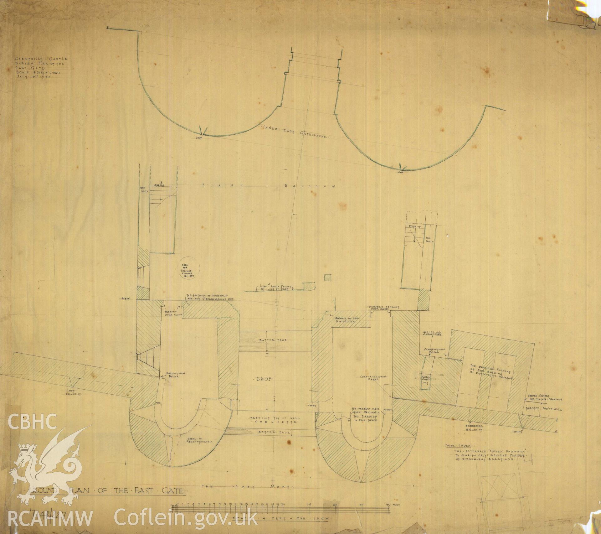 Cadw guardianship monument drawing of Caerphilly Castle. Mid W gate, ground plan. Cadw Ref. No:714B/227. Scale 1:48.