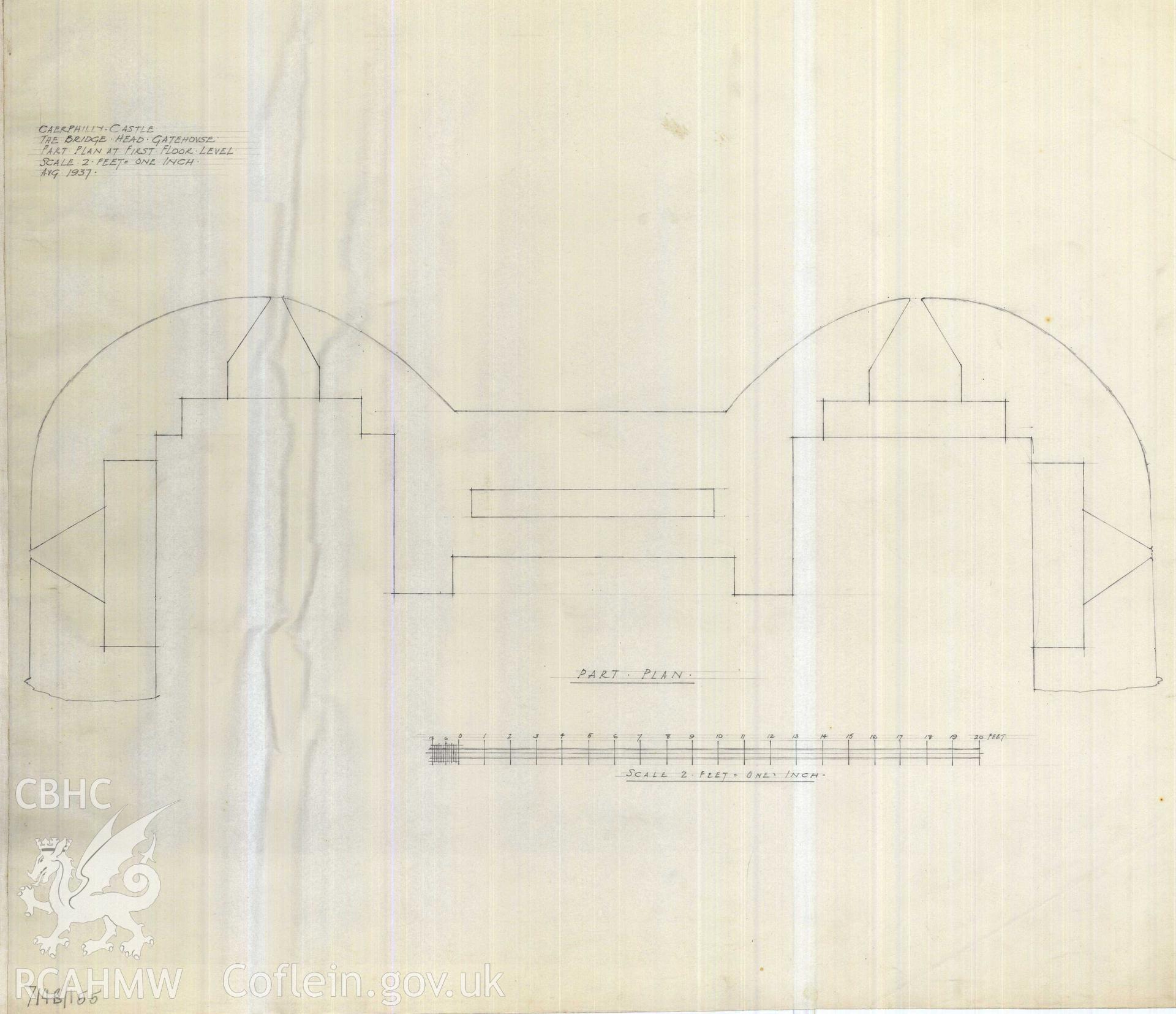 Cadw guardianship monument drawing of Caerphilly Castle. Dam, S gate, upper floor plan, W. Cadw Ref. No:714B/155. Scale 1:24.