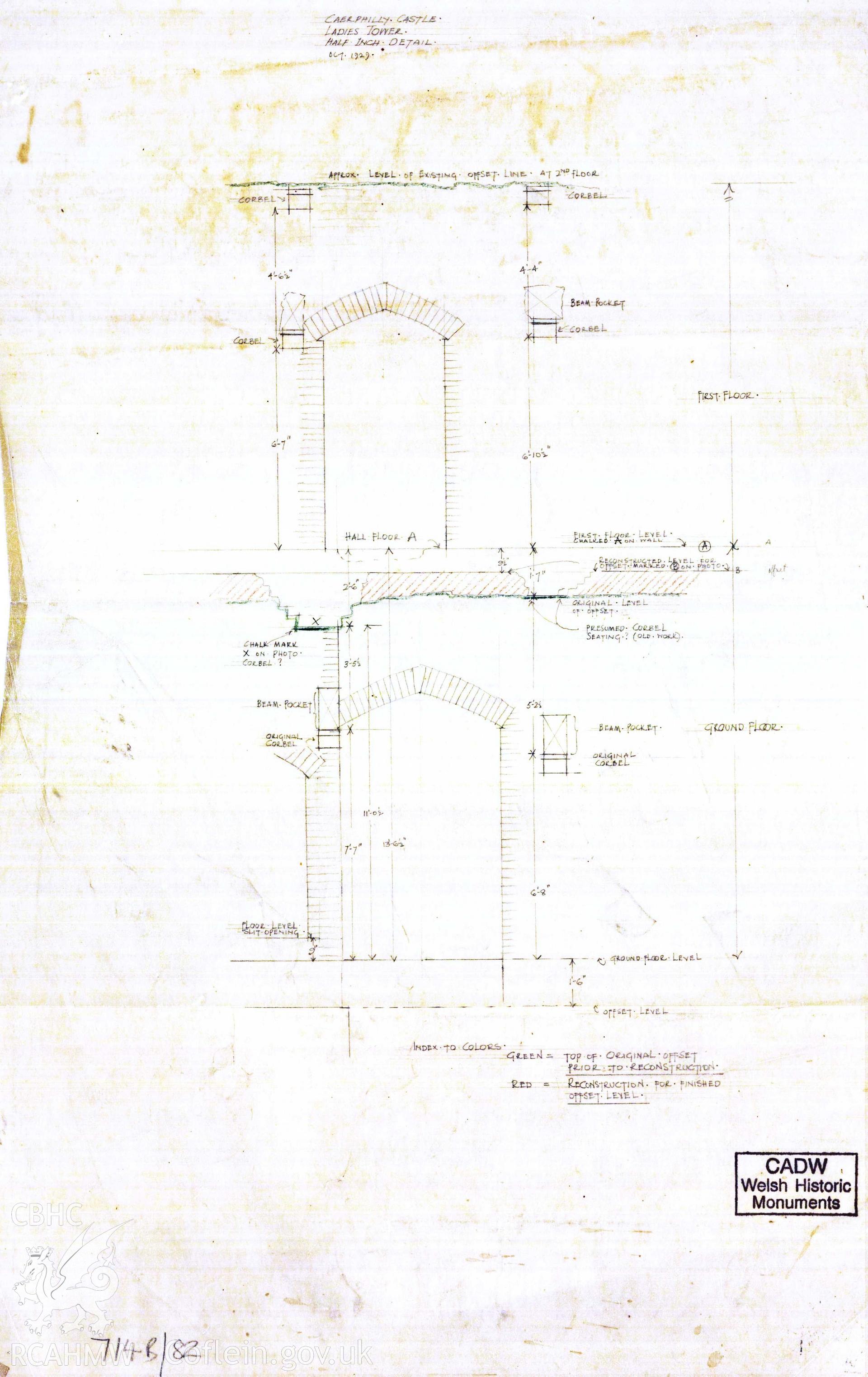 Digital copy of Cadw guardianship monument drawing of Caerphilly Castle. NW tower, gr fl+u fls/door arches. Cadw ref. no: 714B/82. Scale 1:24.  Original drawing withdrawn and returned to Cadw at their request.