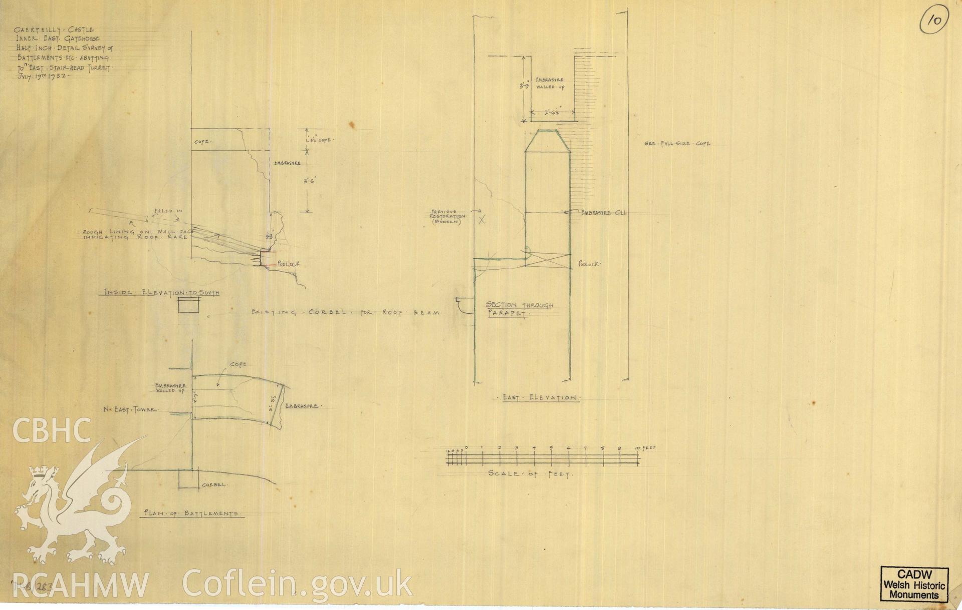 Cadw guardianship monument drawing of Caerphilly Castle. Inner E gate, N turret battlement. Cadw Ref. No:714B/283. Scale 1:24.