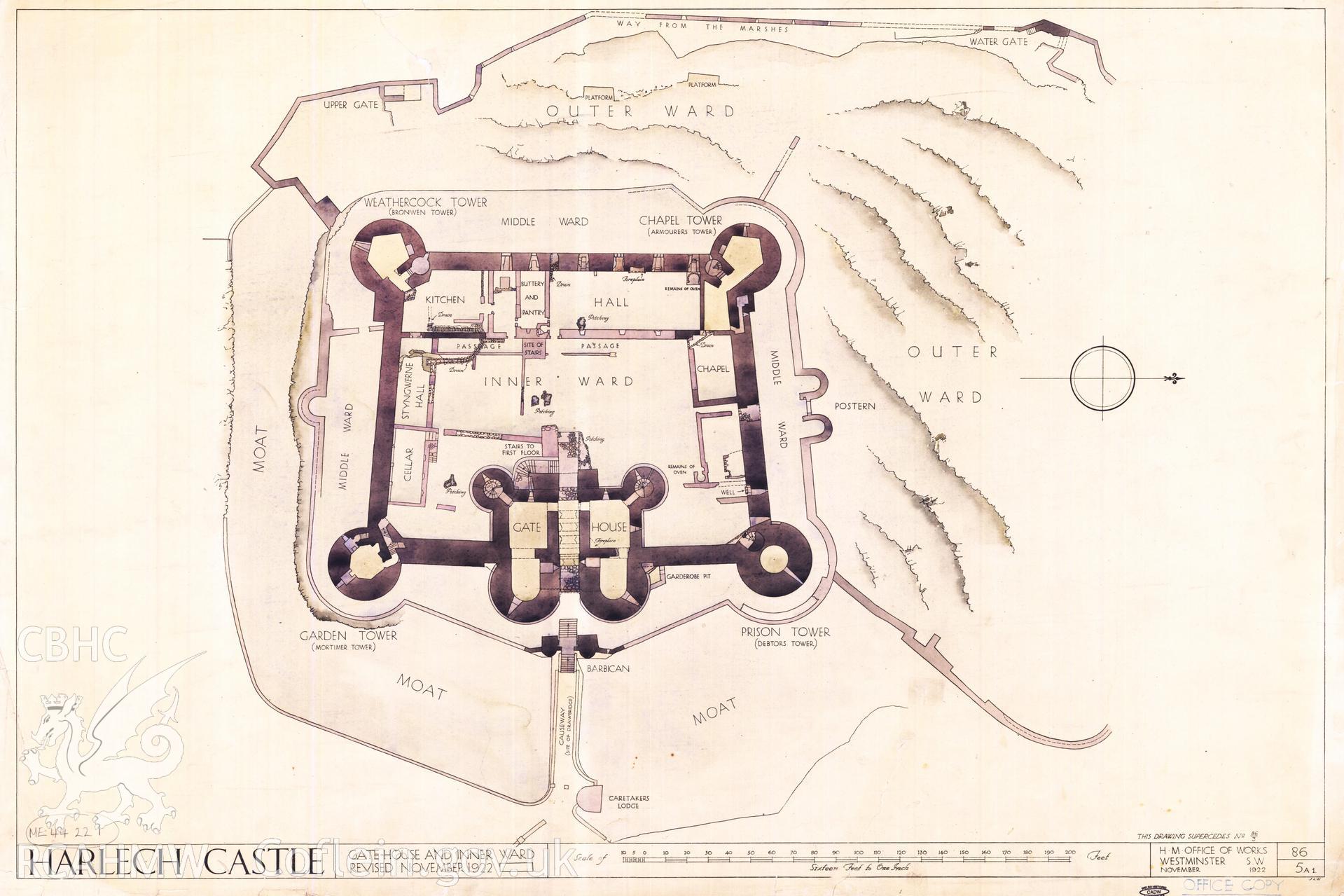 Cadw guardianship monument drawing of Harlech Castle. General plan (tinted). Cadw Ref. No:86/5A1. Scale 1:192.