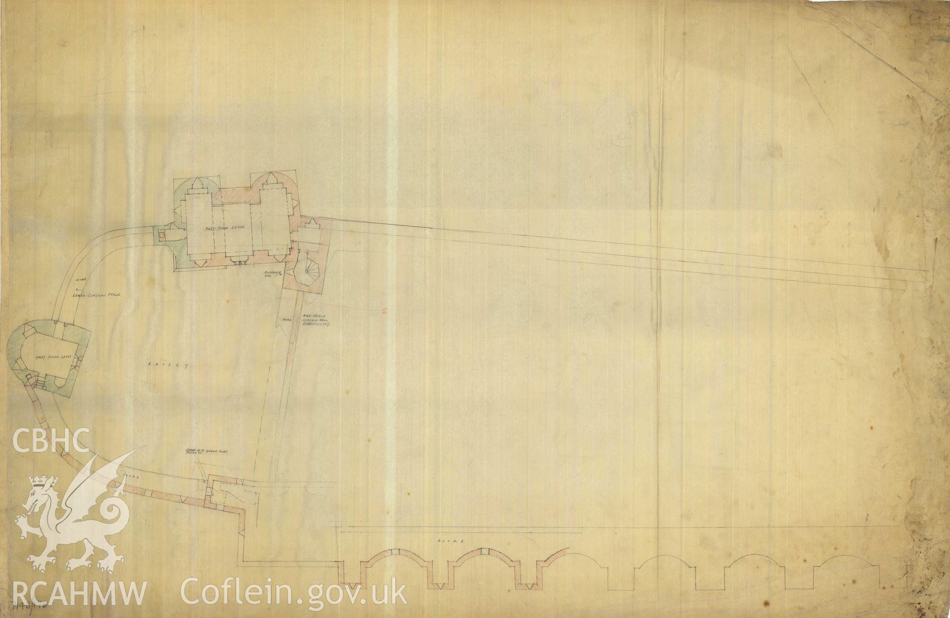 Cadw guardianship monument drawing of Caerphilly Castle. Dam, S part, general plan, up. floor. Cadw Ref. No:714B/176. Scale 1:96.