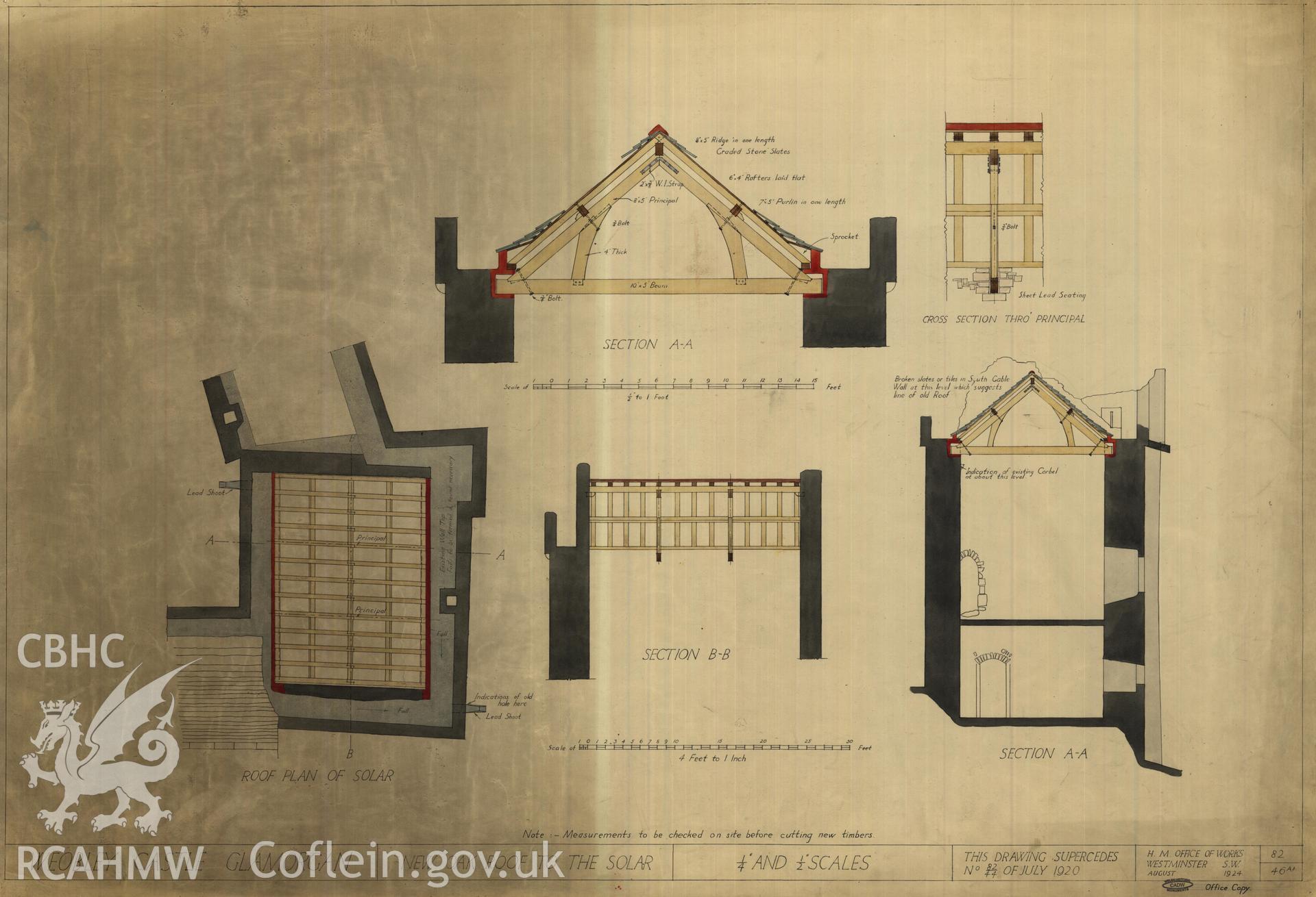 Cadw guardianship monument drawing of Weobley Castle. New solar roof, plan + 4 sections. Cadw Ref. No:82/46A1. Scale 1:48.24.