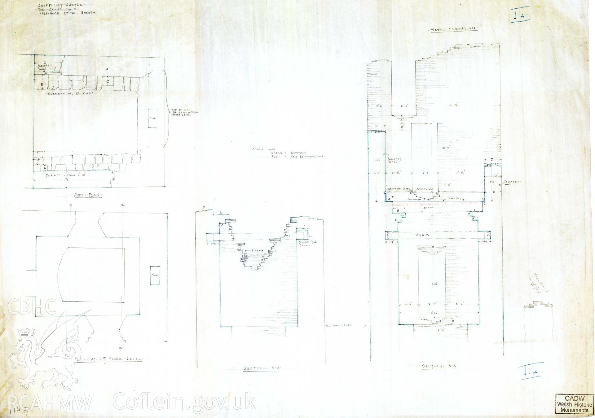 Digital copy of Cadw guardianship monument drawing of Caerphilly Castle. Outer E gate, NW part, sections. Cadw ref. no: 714B/11. Scale 1:24.  Original drawing withdrawn and returned to Cadw at their request.