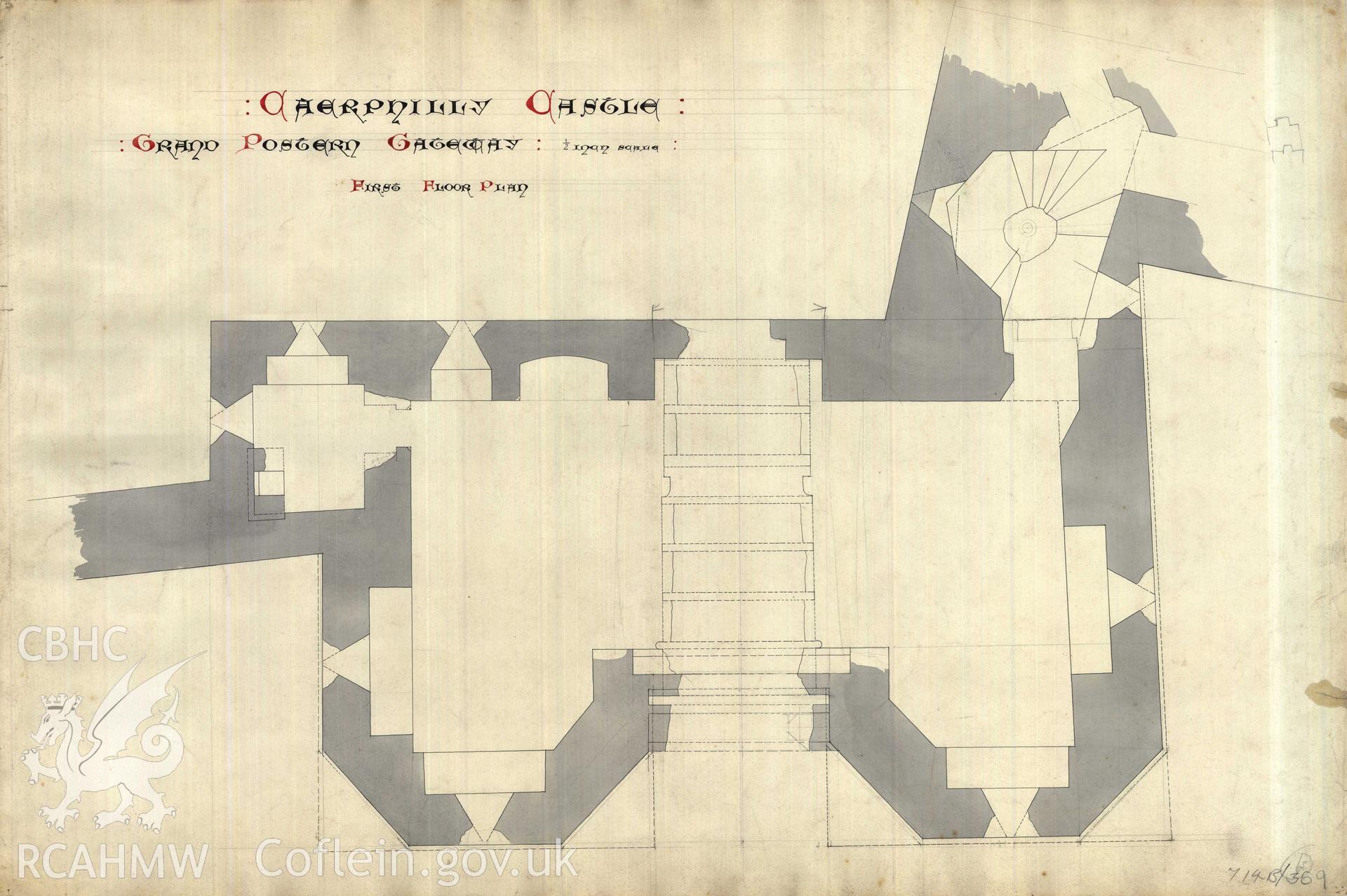 Cadw guardianship monument drawing of Caerphilly Castle. Outer E gate, upper floor plan. Cadw Ref. No:714B/369. Scale 1:24.