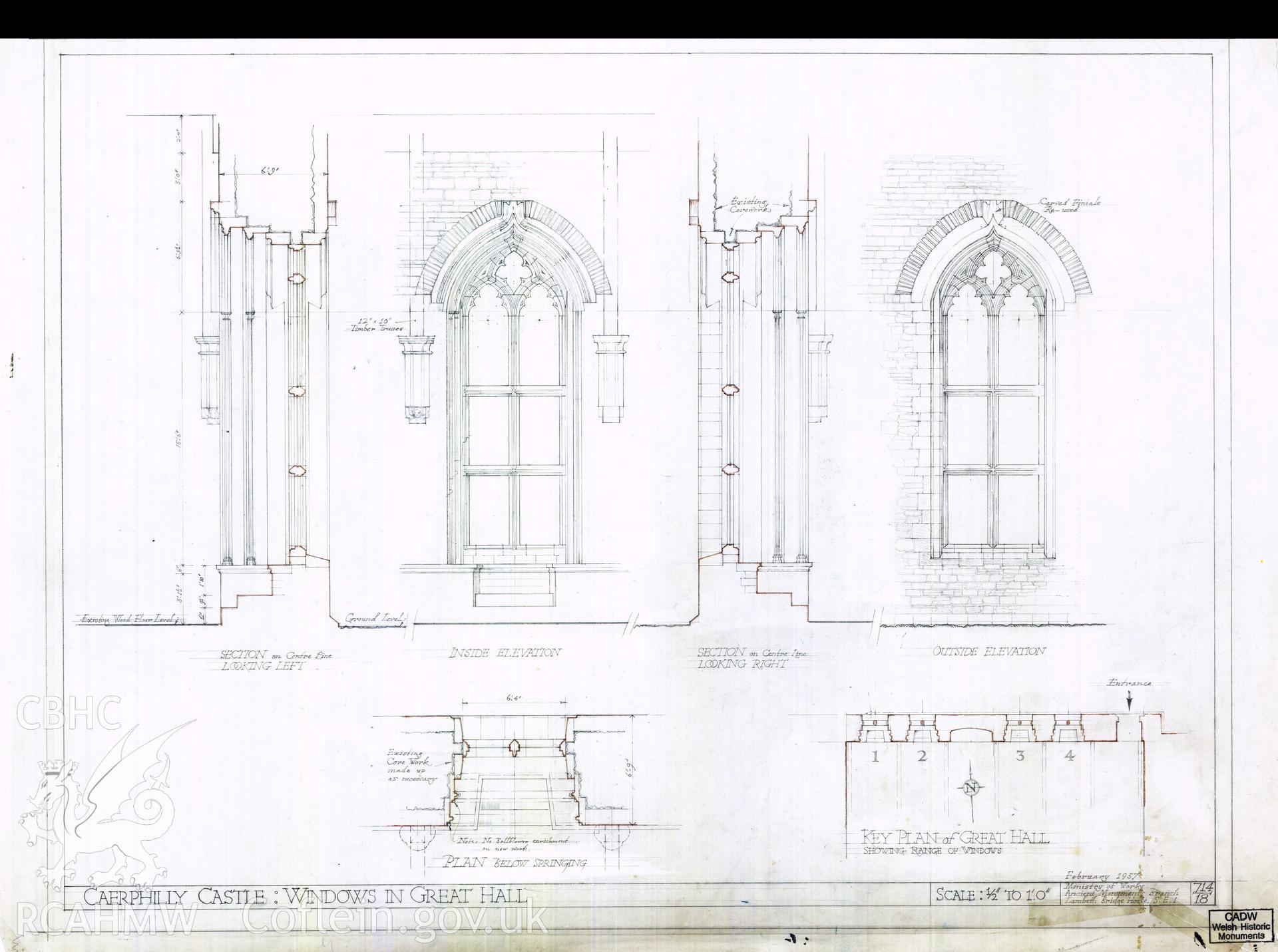 Cadw guardianship monument drawing of Caerphilly Castle. Hall, windows, inside + out. Cadw ref. no: 714/18. Scale 1:24.