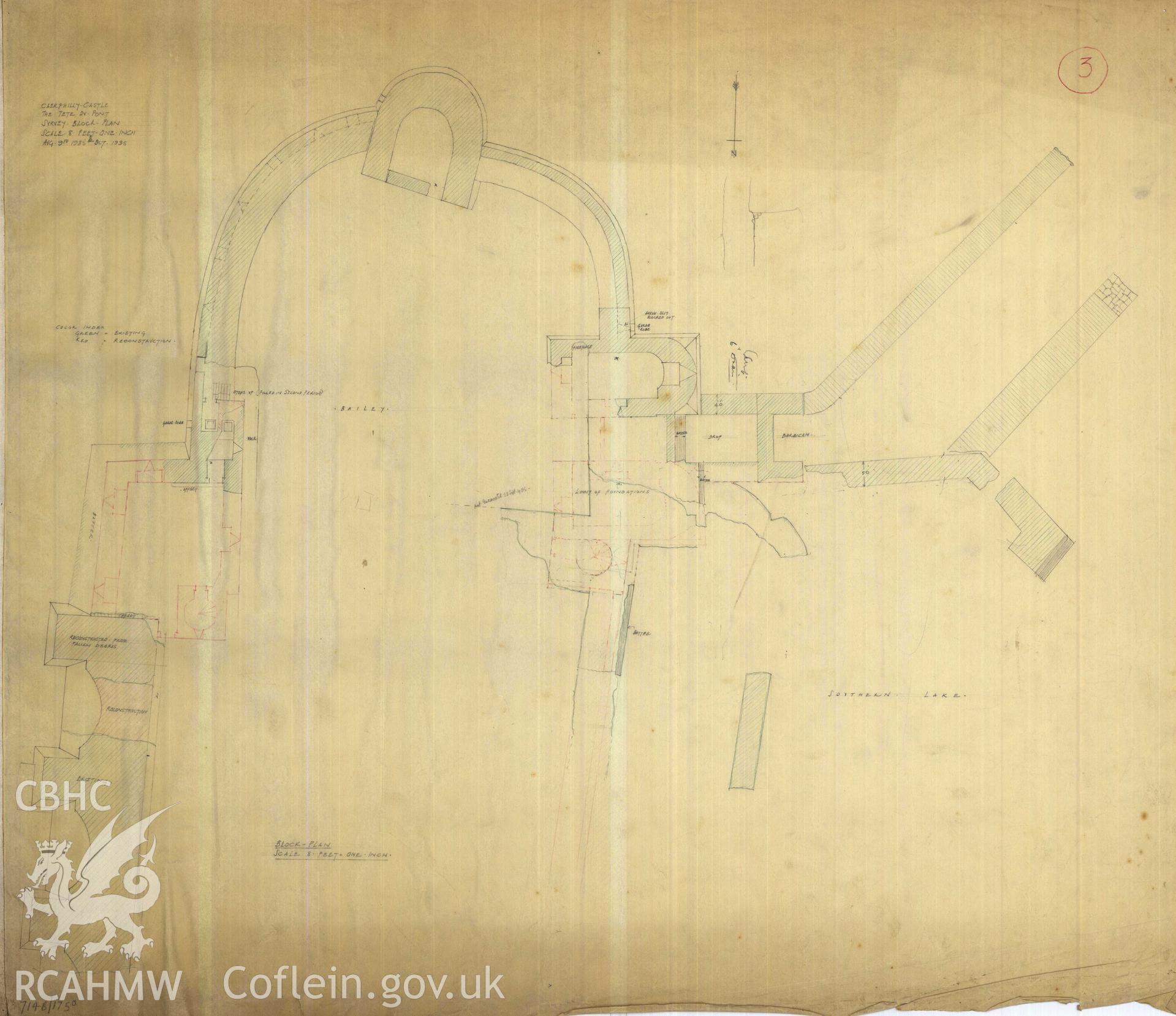 Cadw guardianship monument drawing of Caerphilly Castle. Dam, S part, general plan (ii). Cadw Ref. No:714B/175a. Scale 1:96.