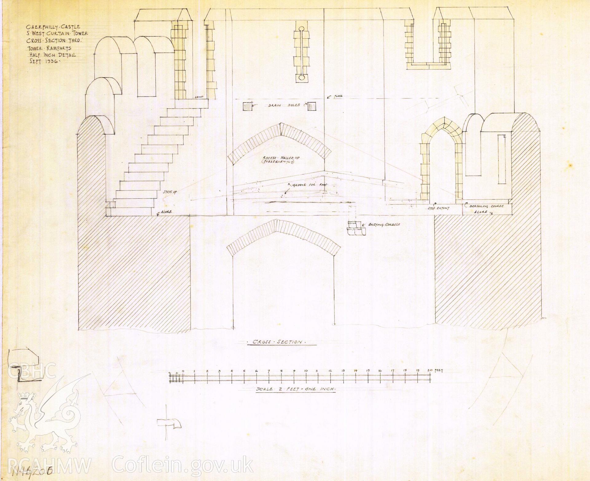 Cadw guardianship monument drawing of Caerphilly Castle. SW tower, parapet section. Cadw Ref. No:714B/206. Scale 1:24.