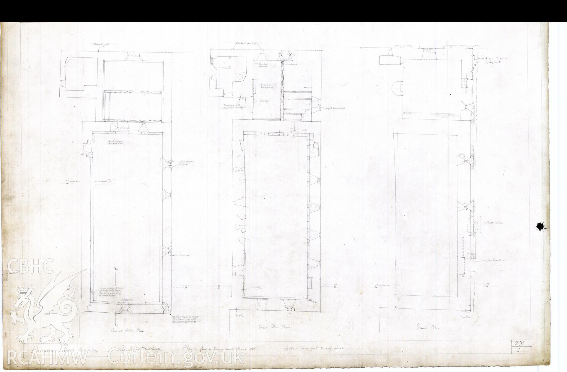 Cadw guardianship monument drawing of Penmon Priory. Refectory, draft plans. Cadw Ref. No:291/1. Scale 1:48.