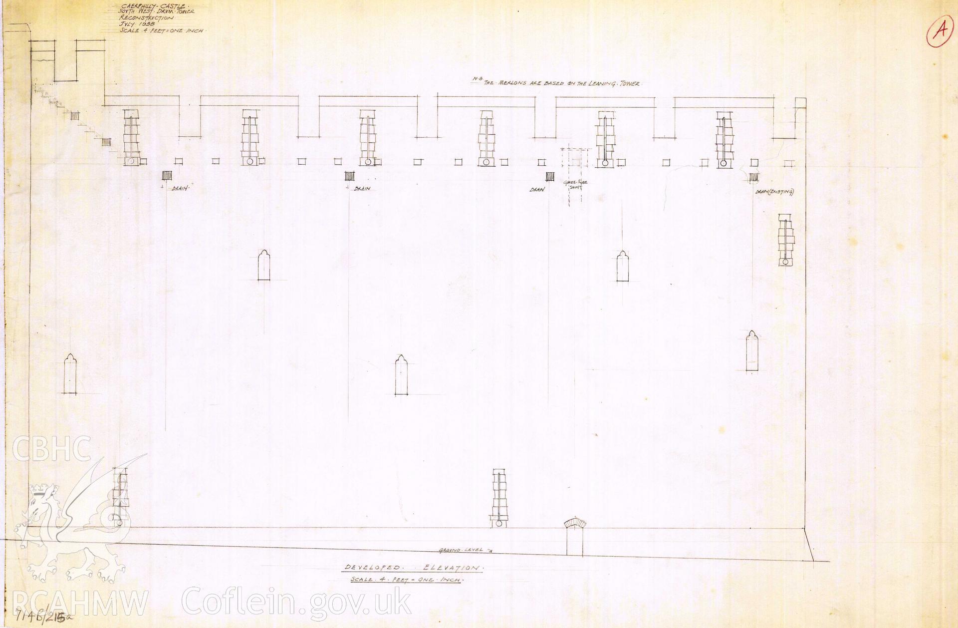 Cadw guardianship monument drawing of Caerphilly Castle. SW tower, elevation unrolled. Cadw Ref. No:714B/215a. Scale 1:48.