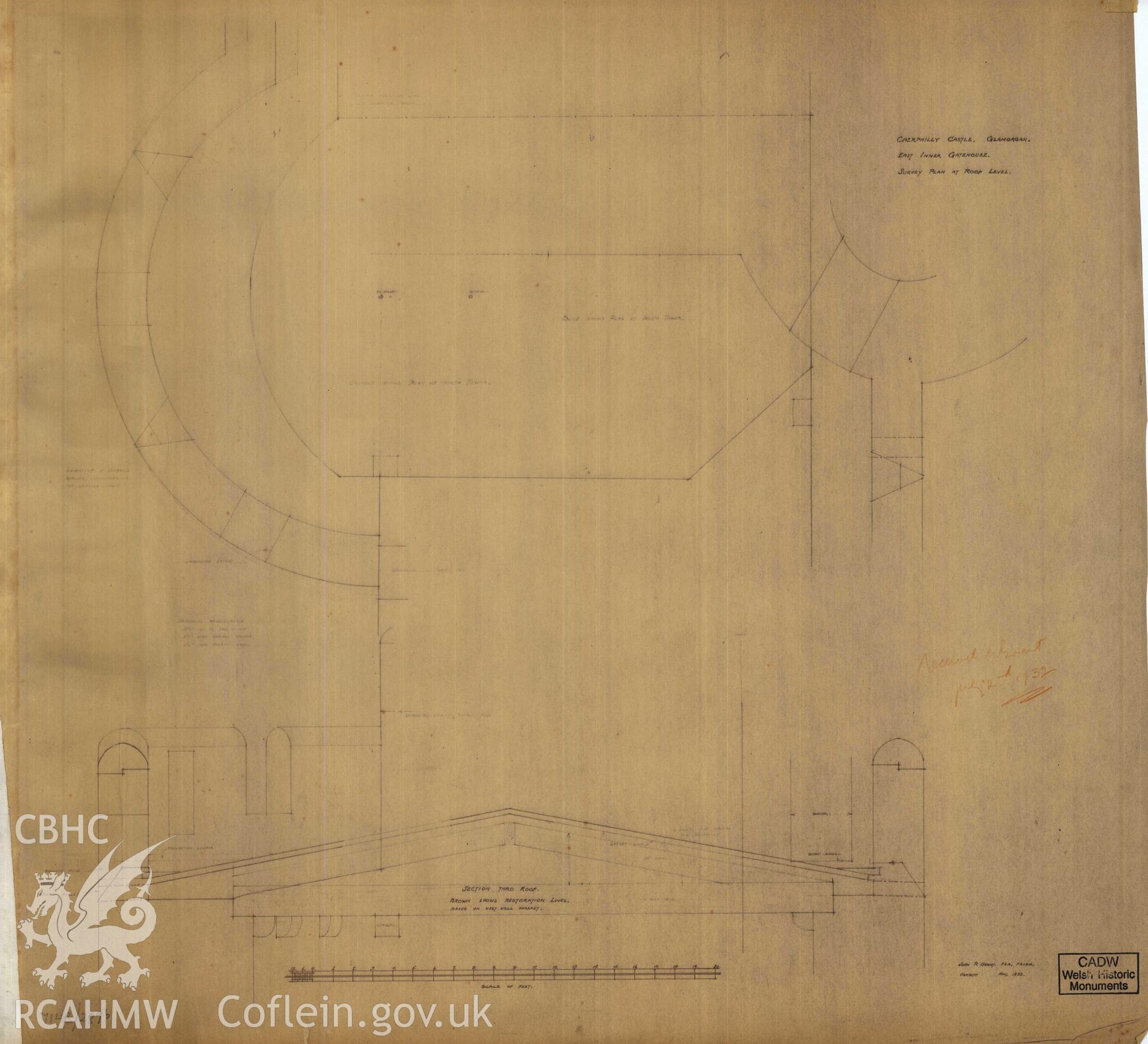 Cadw guardianship monument drawing of Caerphilly Castle. Inner E gate, roof plan (pt) +sect. Cadw Ref. No:714B/289b. Scale 1:24.