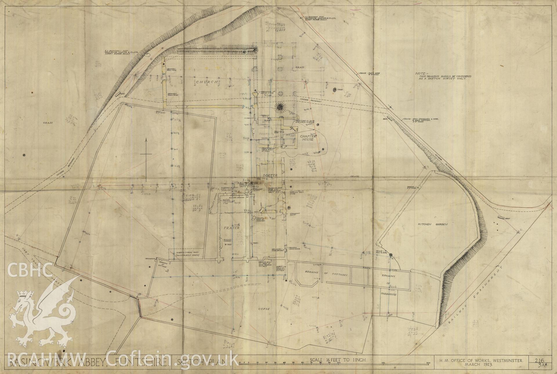 Cadw guardianship monument drawing of Basingwerk. Plan with dimensions. Cadw Ref. No:216/3A6. Scale 1:192.