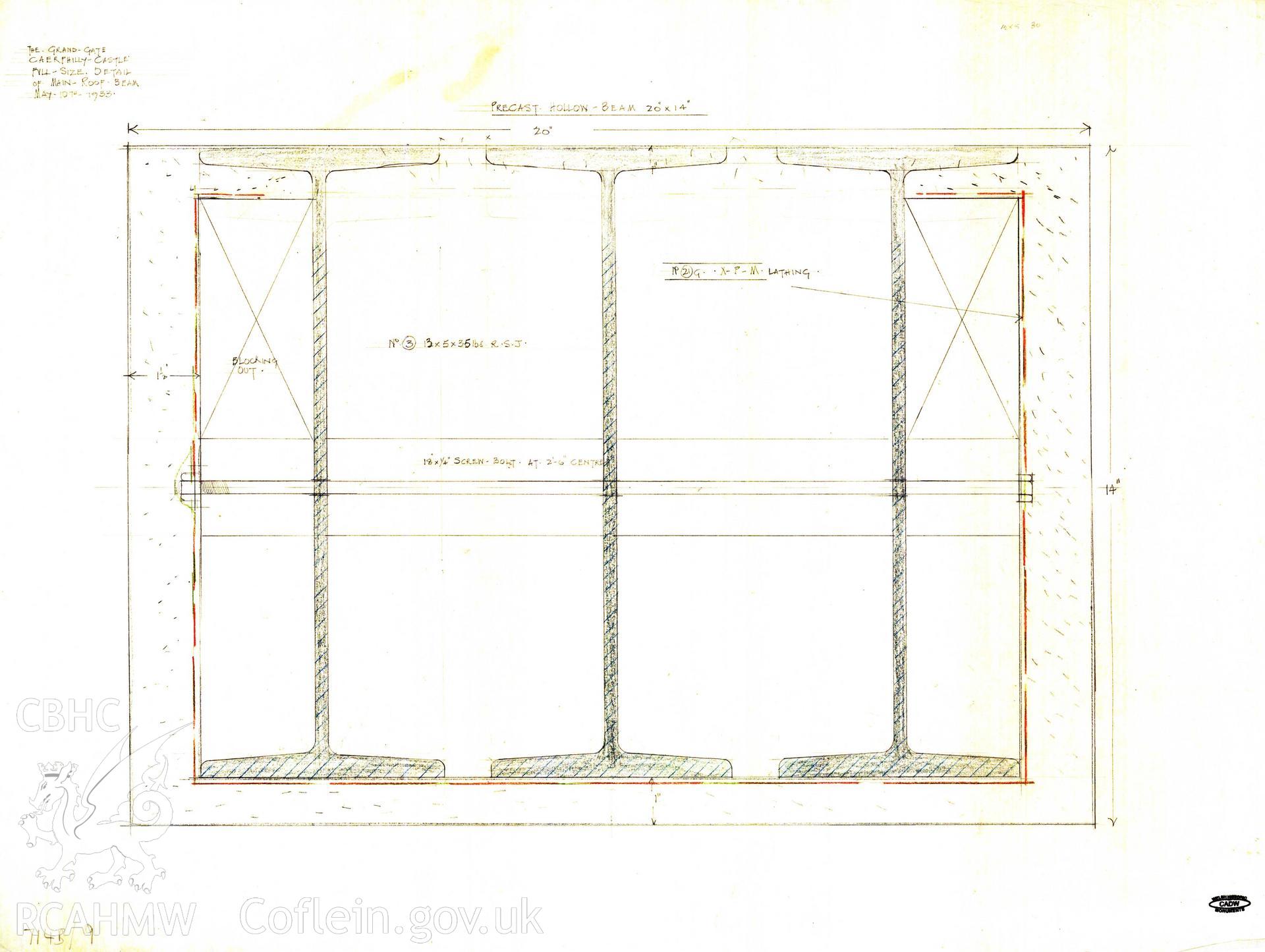 Digital copy of Cadw guardianship monument drawing of Caerphilly Castle. Outer E gate, precast roof beam. Cadw ref. no: 714B/9. Scale 1:1.Original drawing withdrawn and returned to Cadw at their request.