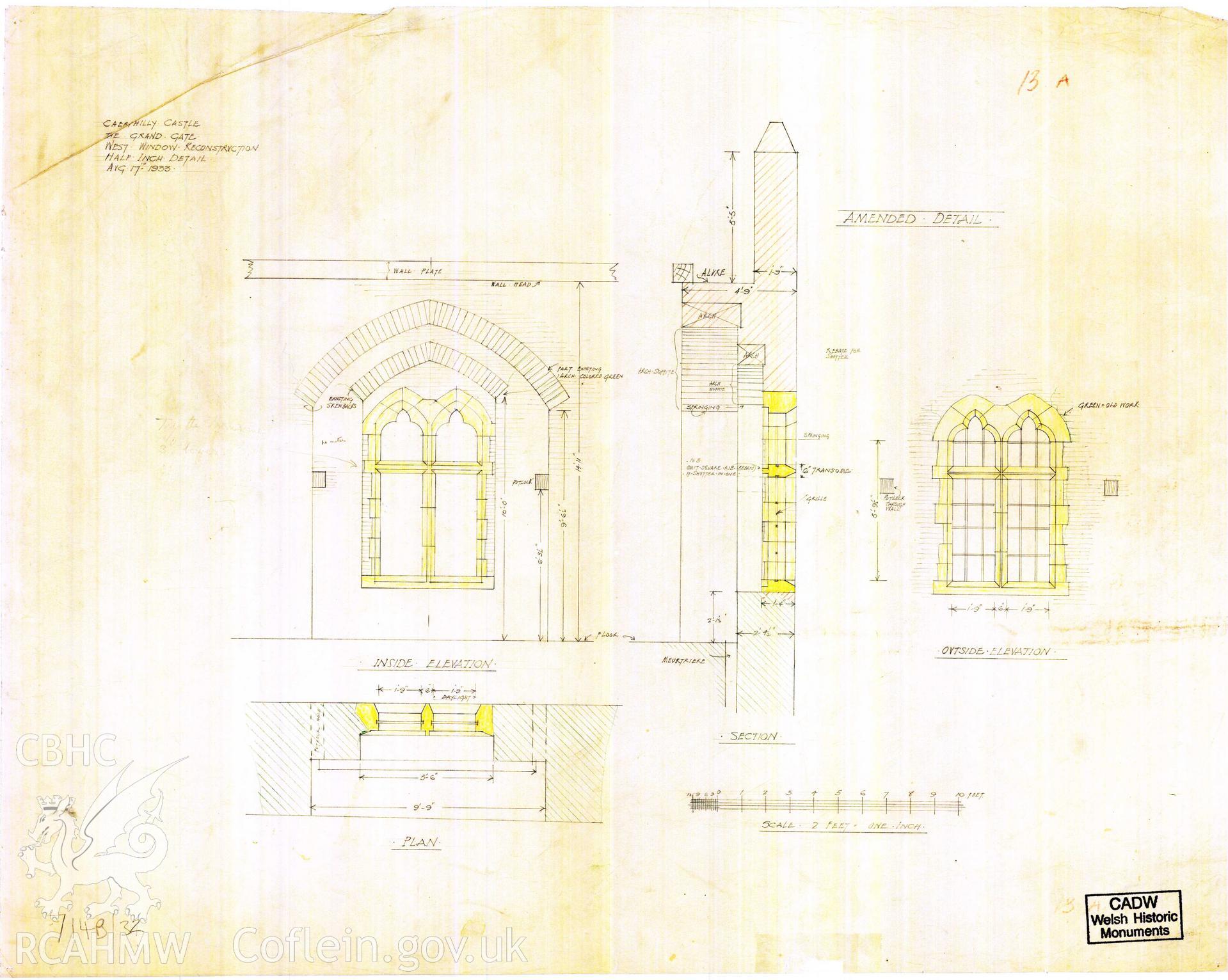 Digital copy of Cadw guardianship monument drawing of Caerphilly Castle. Outer E gate, W window. Cadw ref. no: 714B/32. Scale 1:24.  Original drawing withdrawn and returned to Cadw at their request.