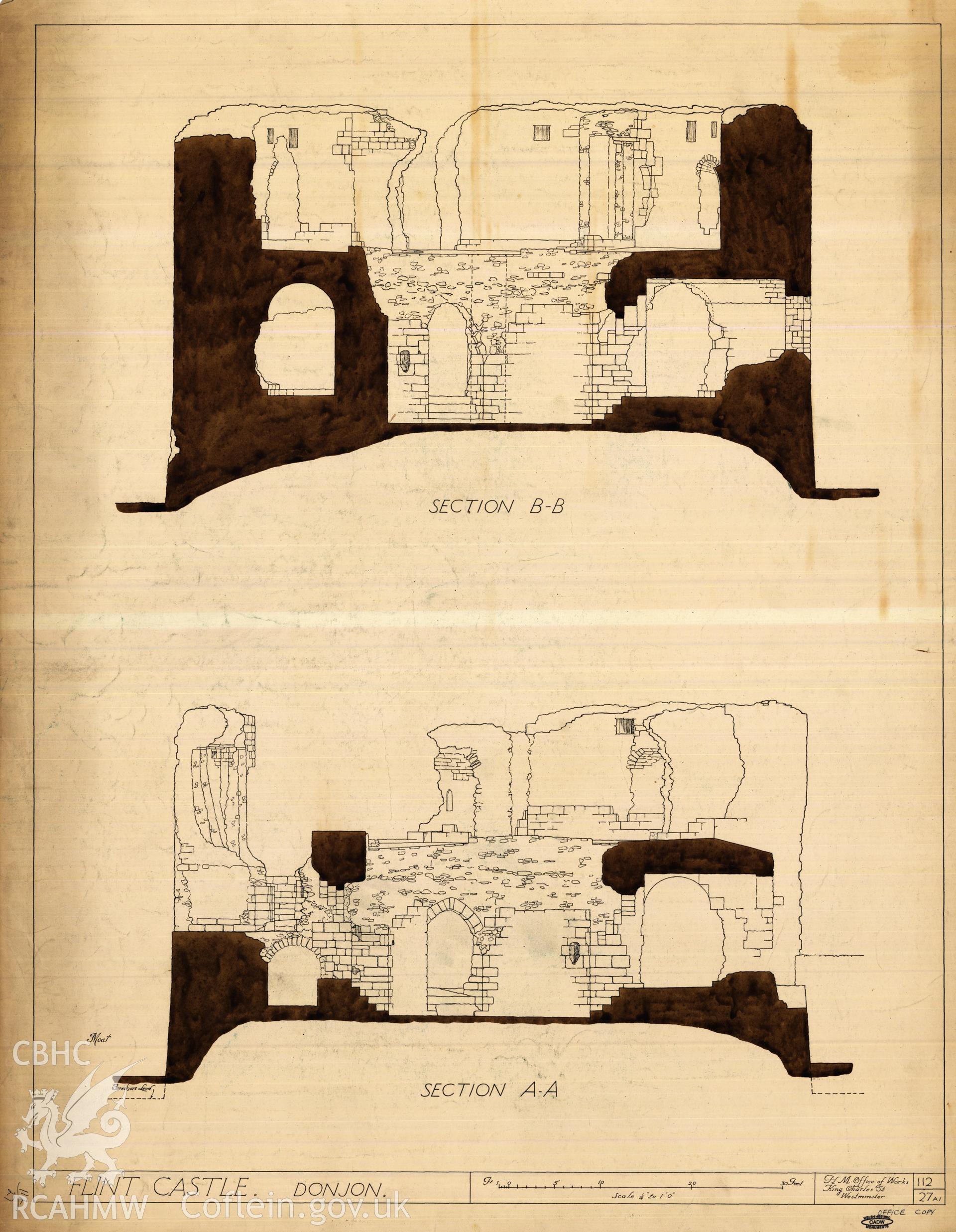 Cadw guardianship monument drawing of Flint Castle. Round keep (SE) section part tinted. Cadw Ref. No:112/27A1. Scale 1:48.