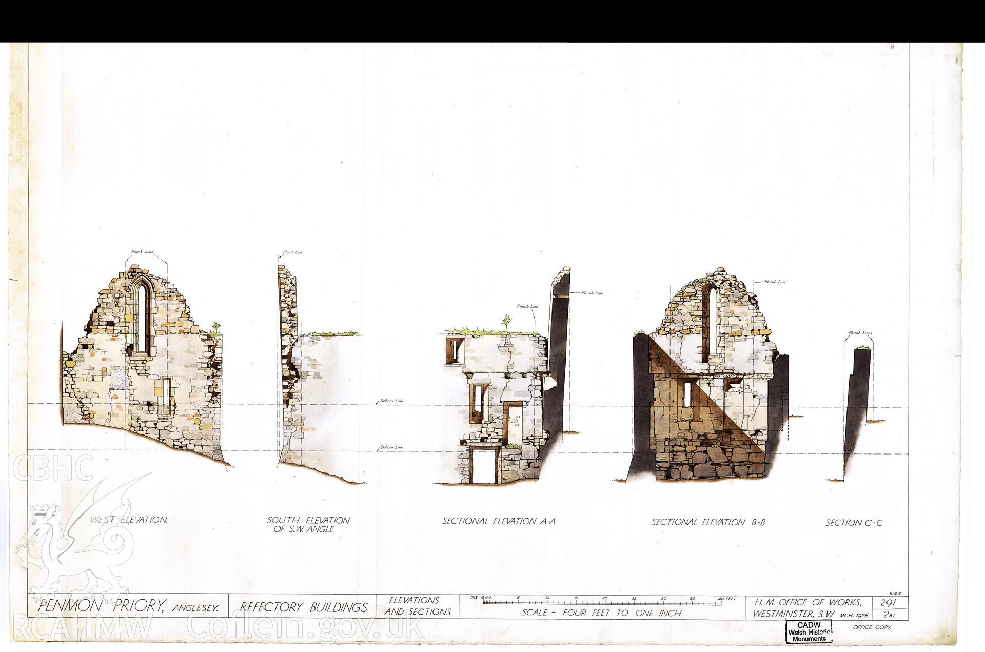 Cadw guardianship monument drawing of Penmon Priory. Refectory, elevations & sections. Cadw Ref. No:291/2a1. Scale 1:48.