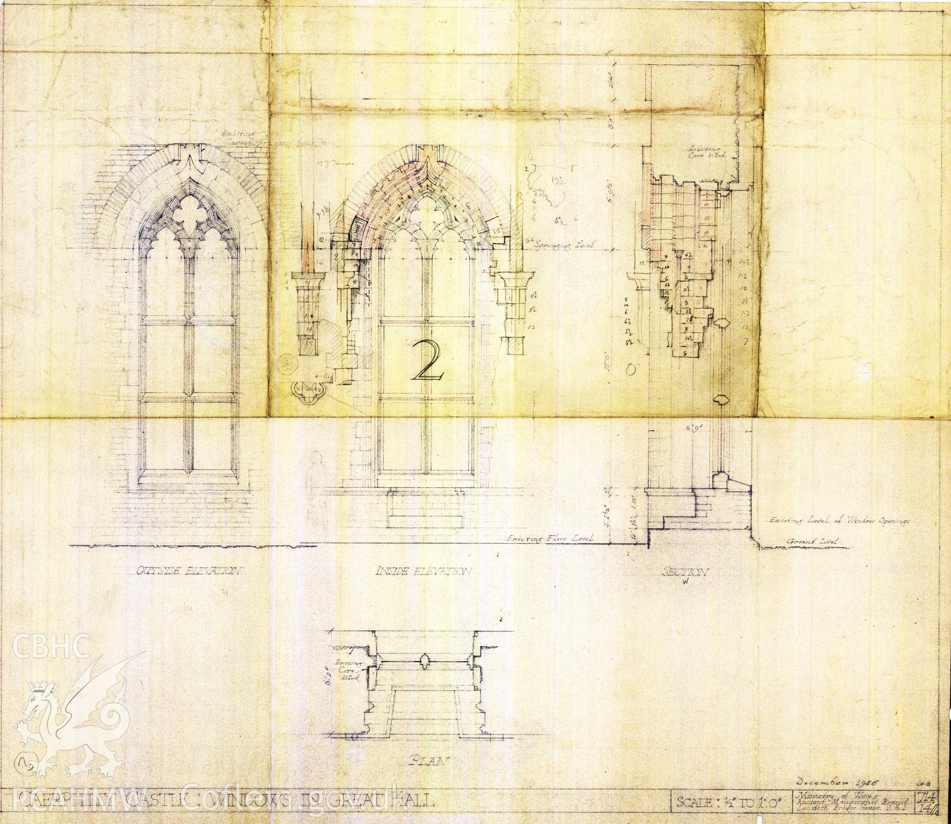 Cadw guardianship monument drawing of Caerphilly Castle. Hall, window 2, stonework +W jamb. Cadw ref. no: 714/14//c. Scale 1:24.