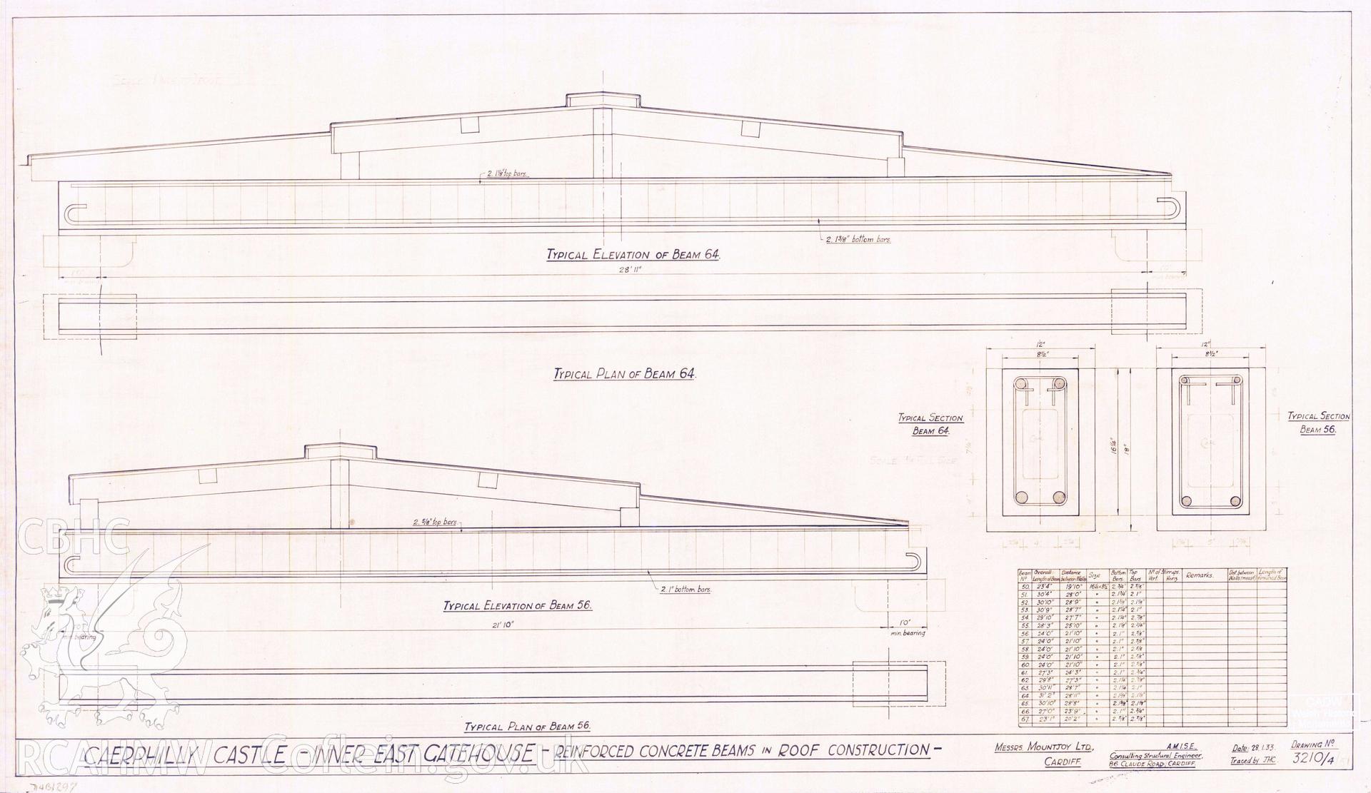 Cadw guardianship monument drawing of Caerphilly Castle. Inner E gatehouse, showing reinforced concrete beams in roof construction. Cadw Ref. No. 714B/297. No scale.