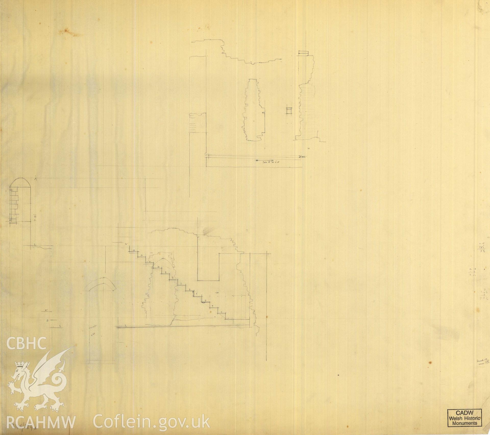 Cadw guardianship monument drawing of Caerphilly Castle. Inner E gate, S turret stairs. Cadw Ref. No:714B/284a. Scale 1:24.