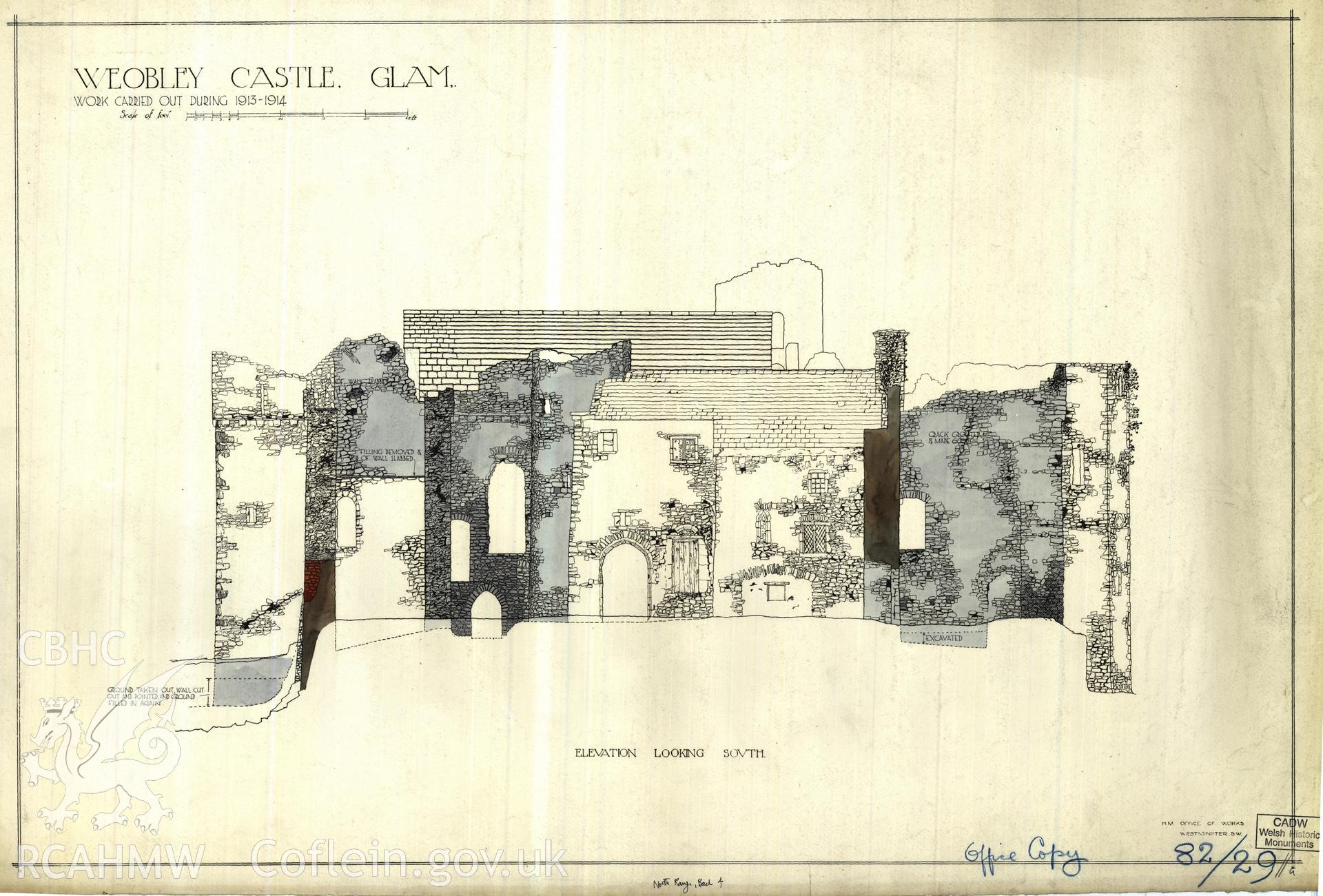 Cadw guardianship monument drawing of Weobley Castle. N range rear elevation, print. Cadw Ref. No:82/29//a. Scale 1:48.