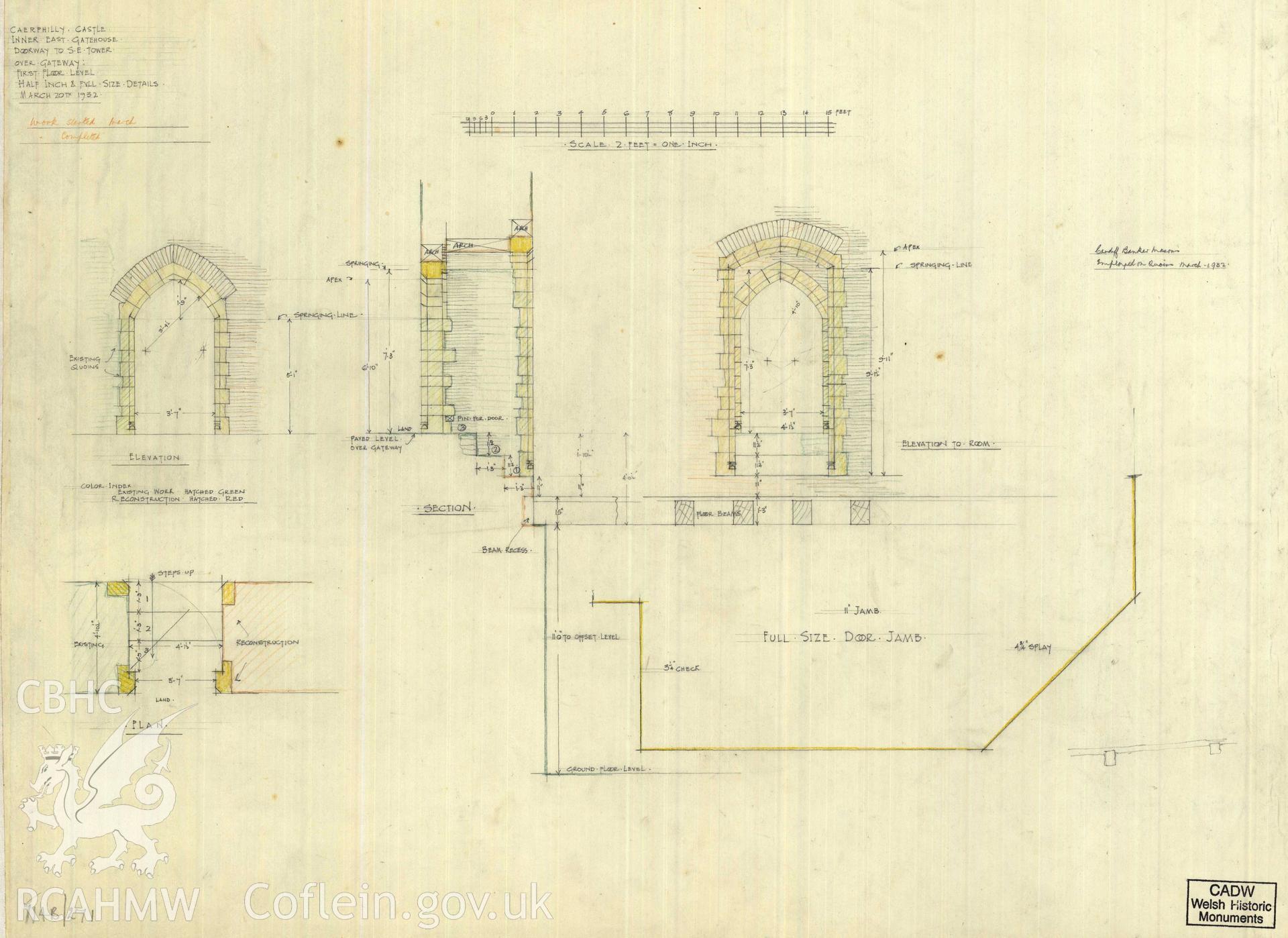 Cadw guardianship monument drawing of Caerphilly Castle. Inner E gate, up floor SE tower door. Cadw Ref. No:714B/271. Scale 1:24.1.