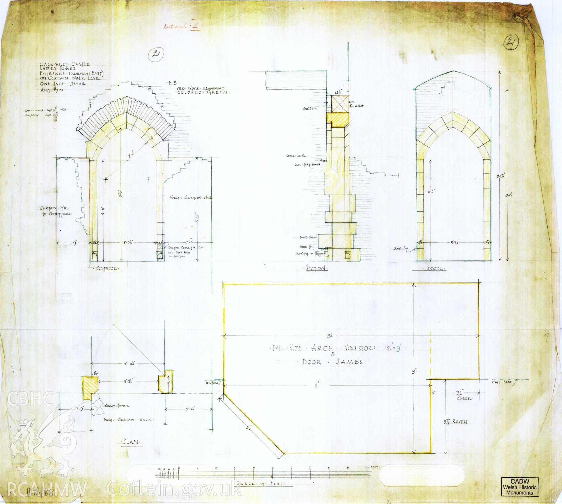 Digital copy of Cadw guardianship monument drawing of Caerphilly Castle. NW tower, E wallwalk door. Cadw ref. no: 714B/88. Scale 1:12. Original drawing withdrawn and returned to Cadw at their request.