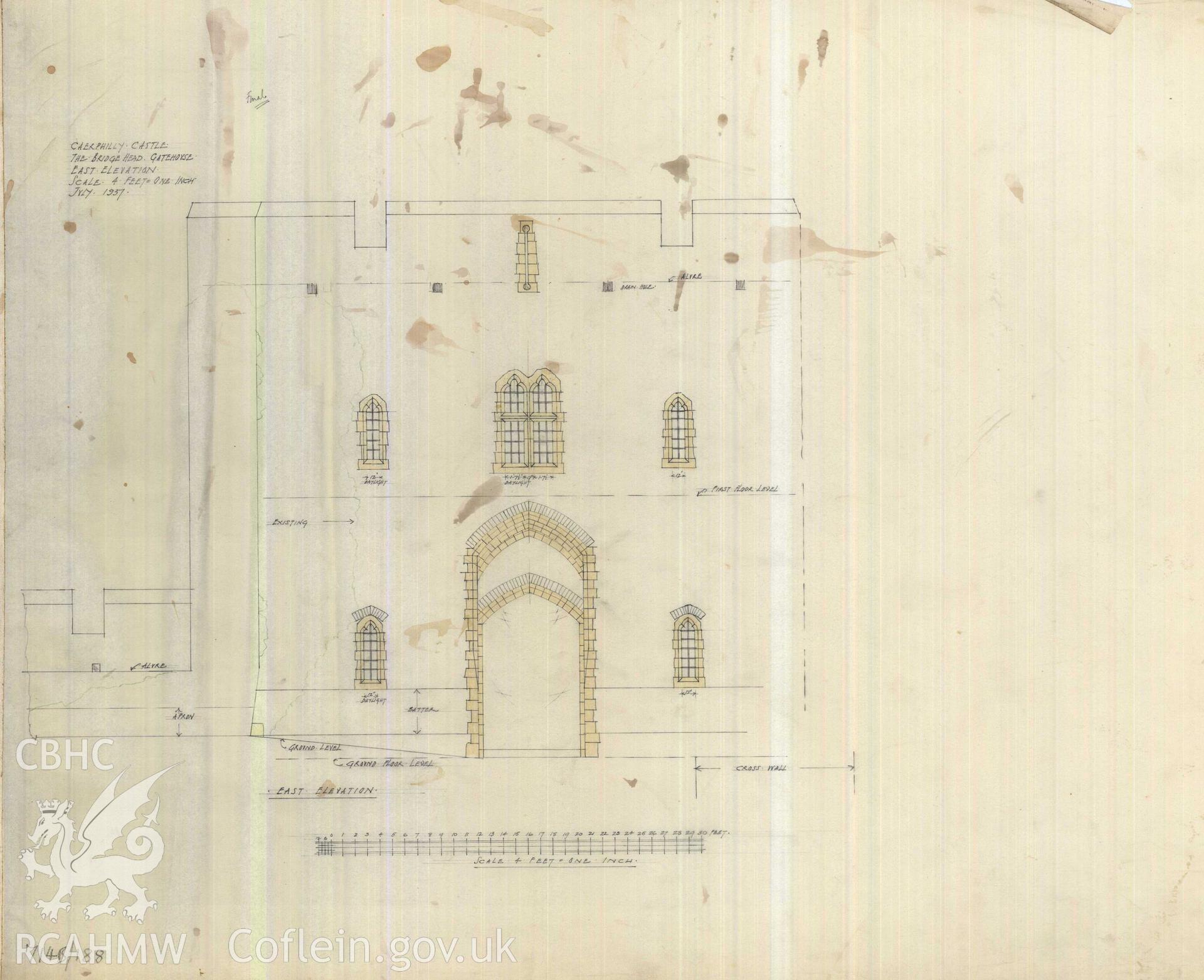 Cadw guardianship monument drawing of Caerphilly Castle. Dam, S gate, inner (E) elev (iv). Cadw Ref. No:714B/188. Scale 1:48.
