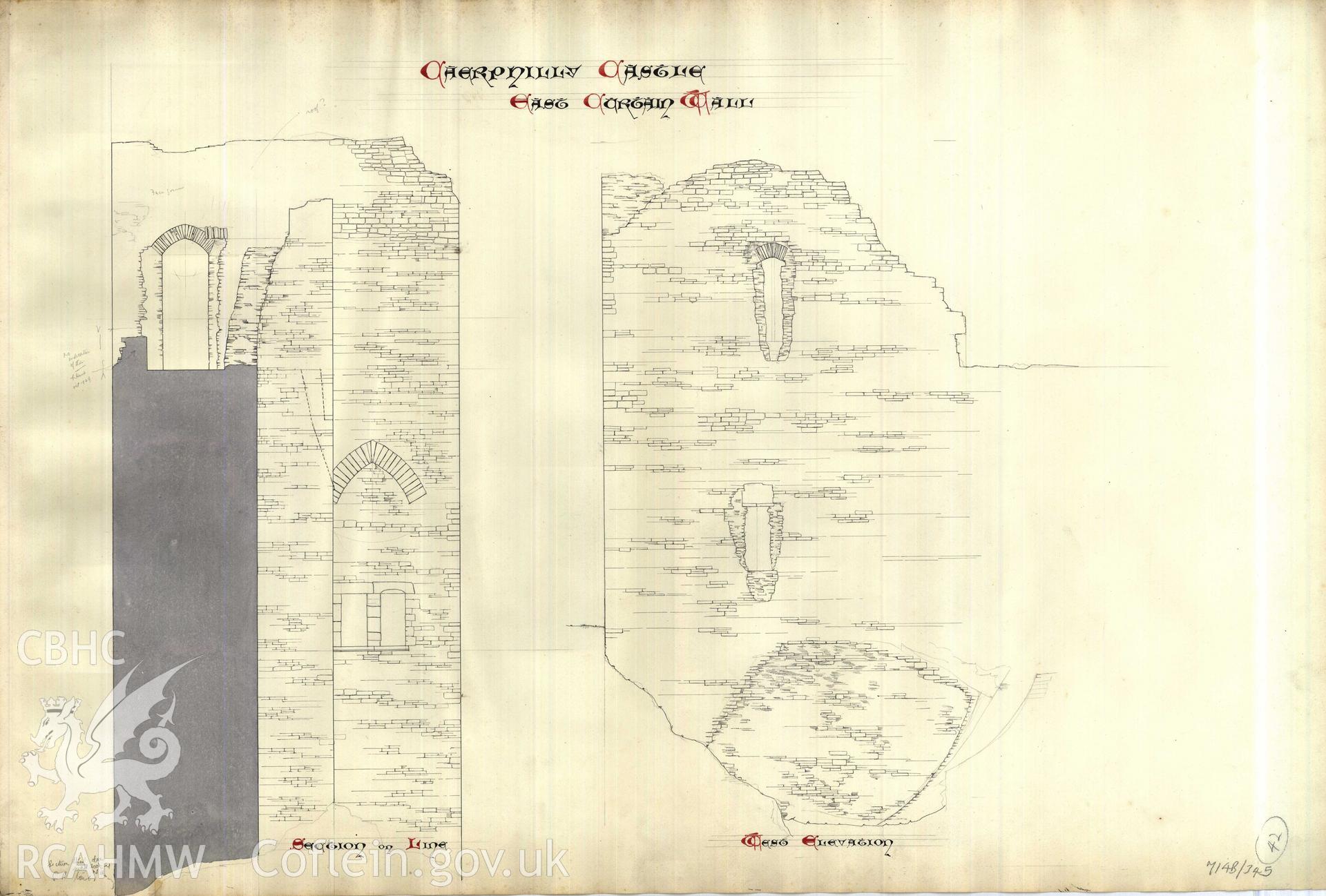 Cadw guardianship monument drawing of Caerphilly Castle. Dam front S, Latrine T, S+W elevs. Cadw Ref. No:714B/345. Scale 1:24.