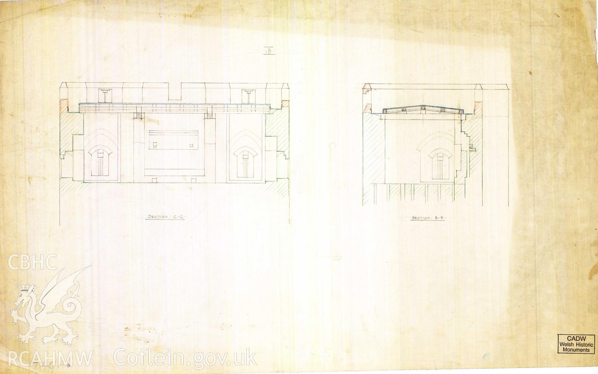 Digital copy of Cadw guardianship monument drawing of Caerphilly Castle. Outer E gate, upper int elevs (i). Cadw ref. no: 714B/14a. Scale 1:[48].  Original drawing withdrawn and returned to Cadw at their request.